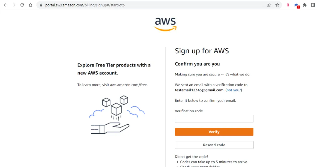 AWS sign-up "Confirm you are you" screen with a field to enter the verification code