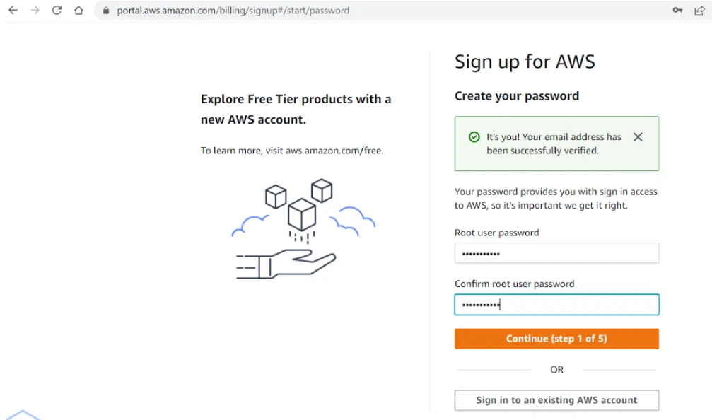 AWS sign-up Create your password step after the email was successfully verified