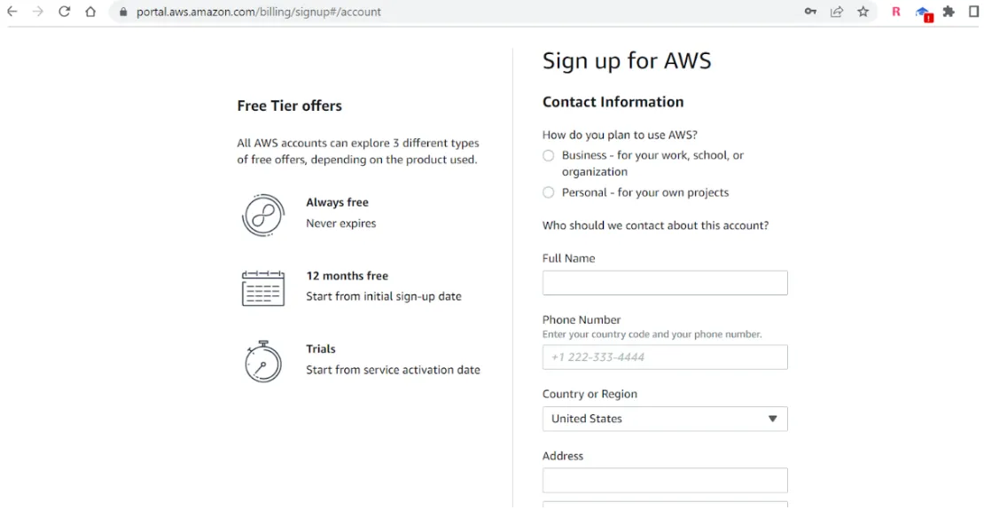 AWS sign-up Contact Information form for full name, phone number, and address