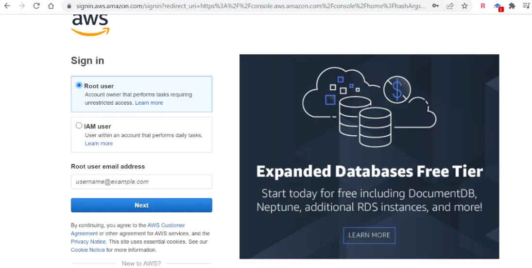 AWS sign-in page with the Root user option selected