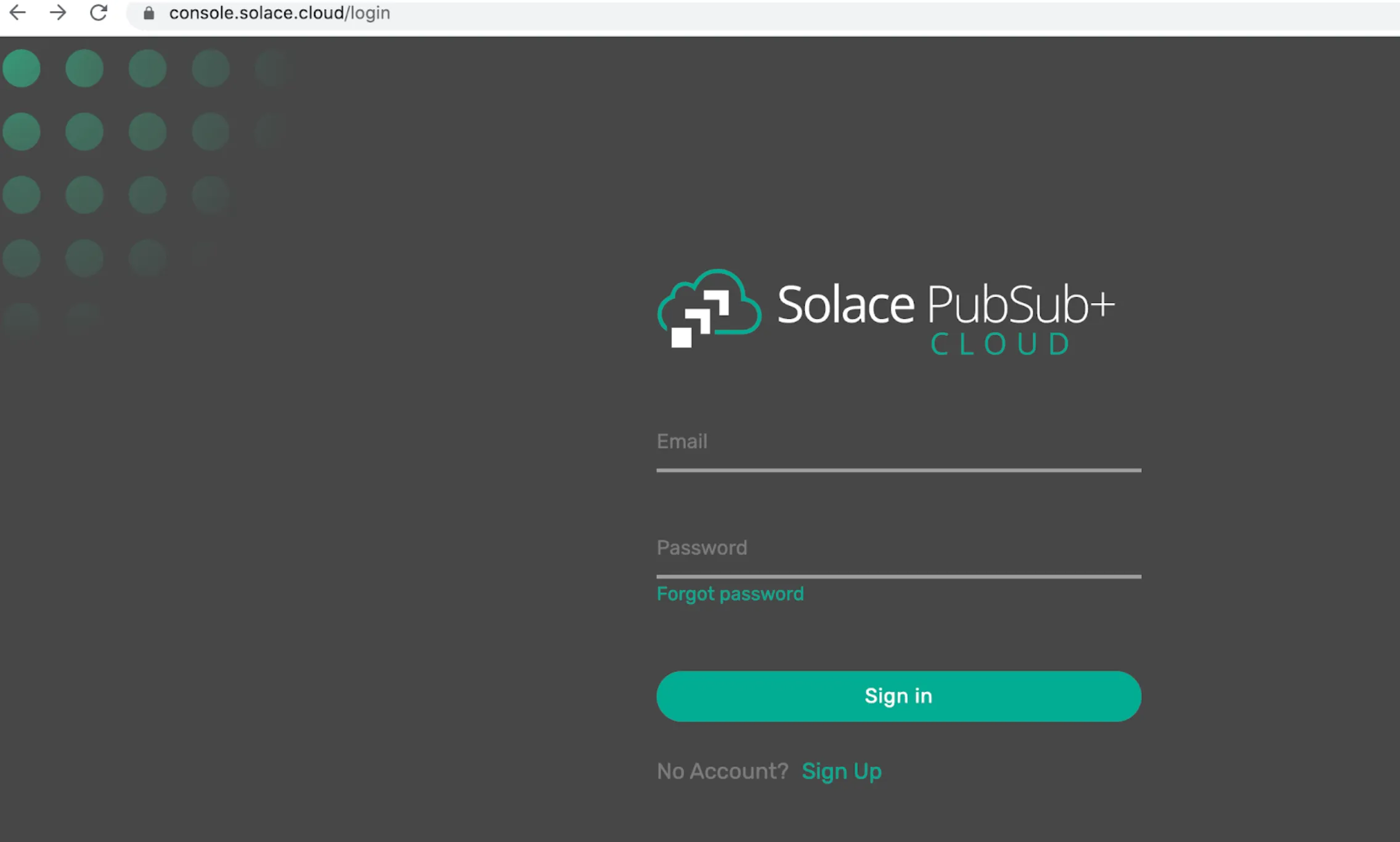 Solace PubSub+ Cloud login page with email and password fields
