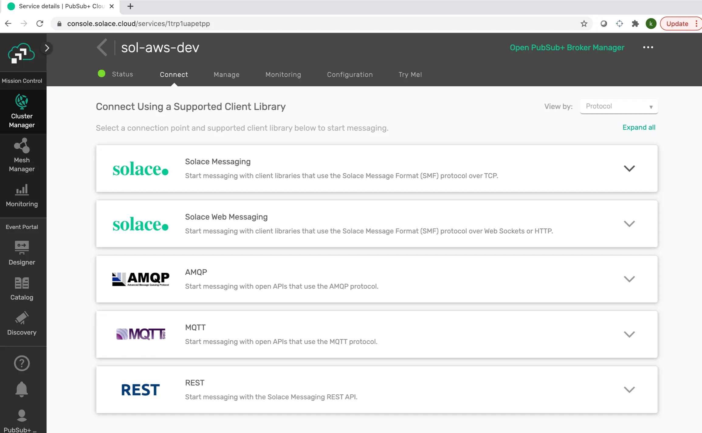 Connect tab listing client libraries: Solace Messaging, AMQP, MQTT and REST