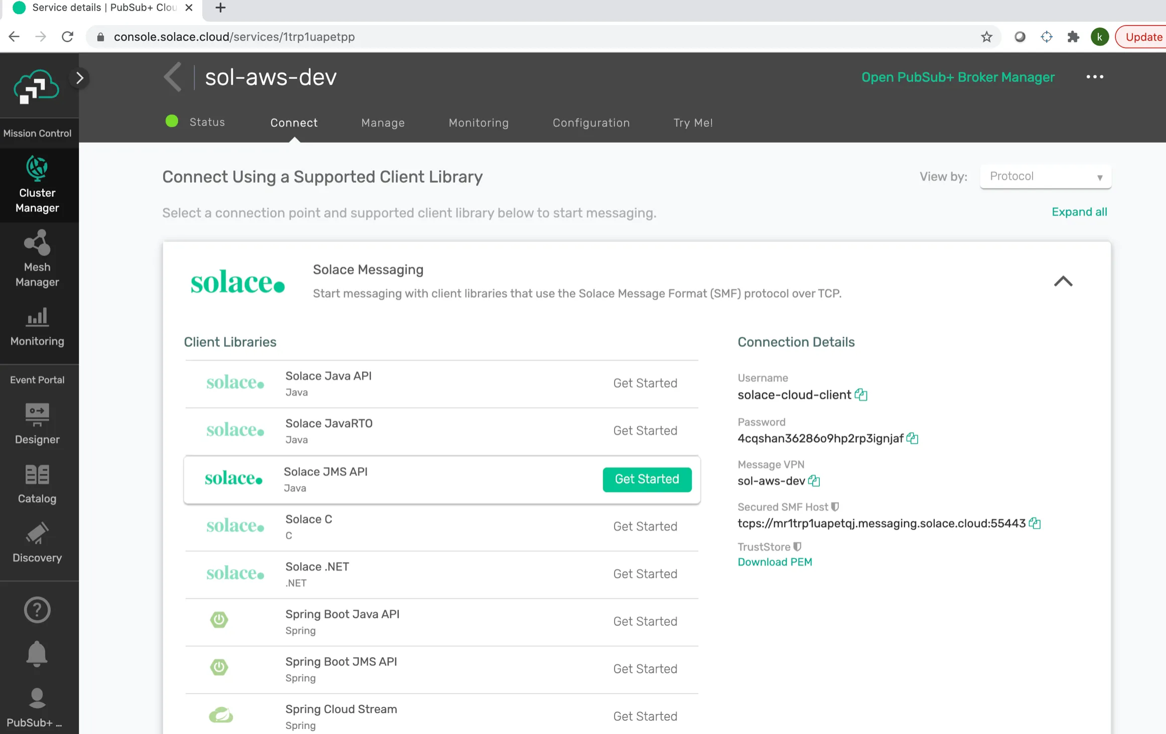 Solace Messaging connection details: username, password, VPN, host and Download PEM