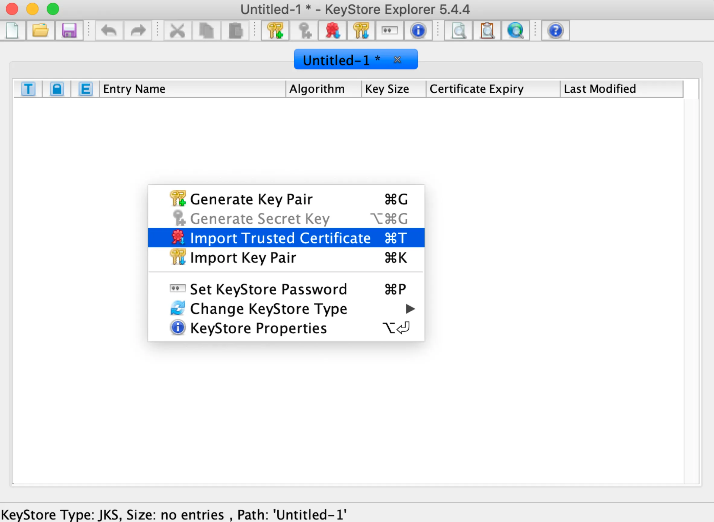 KeyStore Explorer context menu with Import Trusted Certificate highlighted