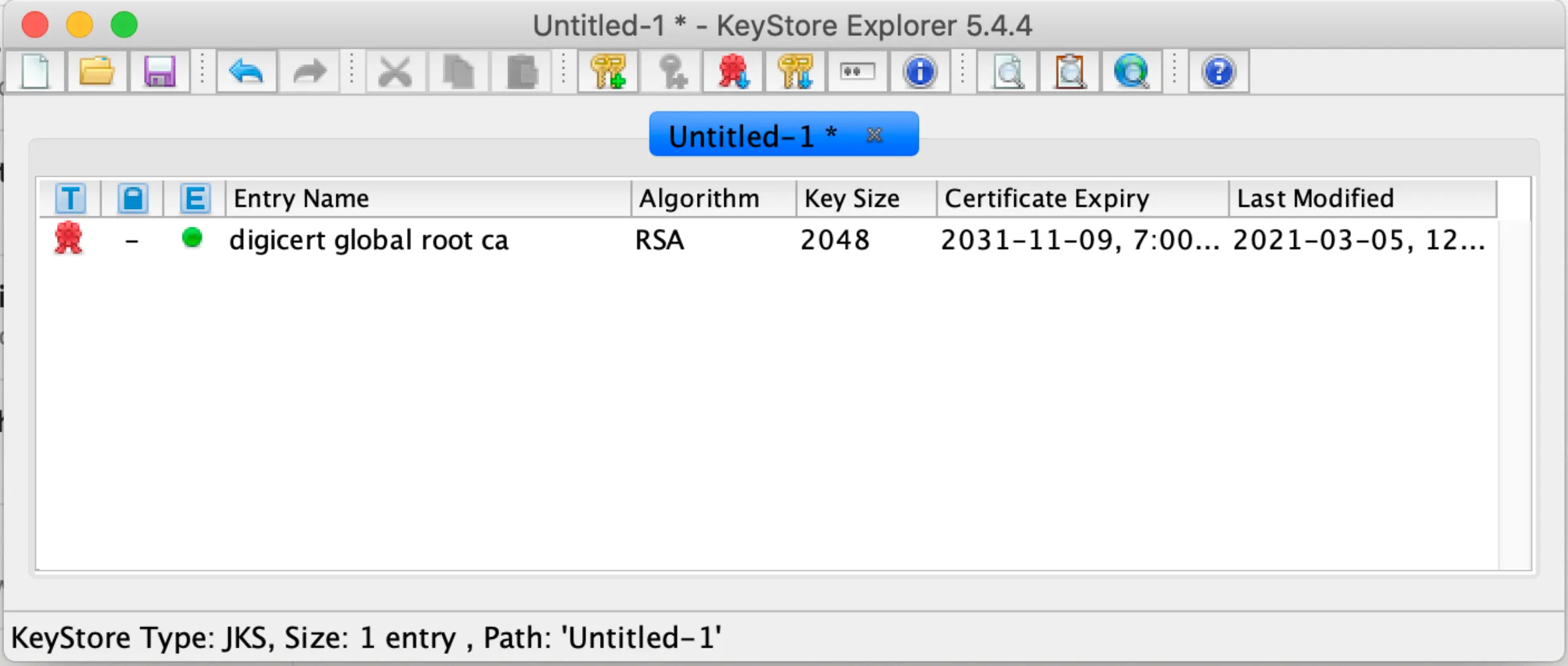 KeyStore Explorer showing the imported digicert global root ca RSA certificate