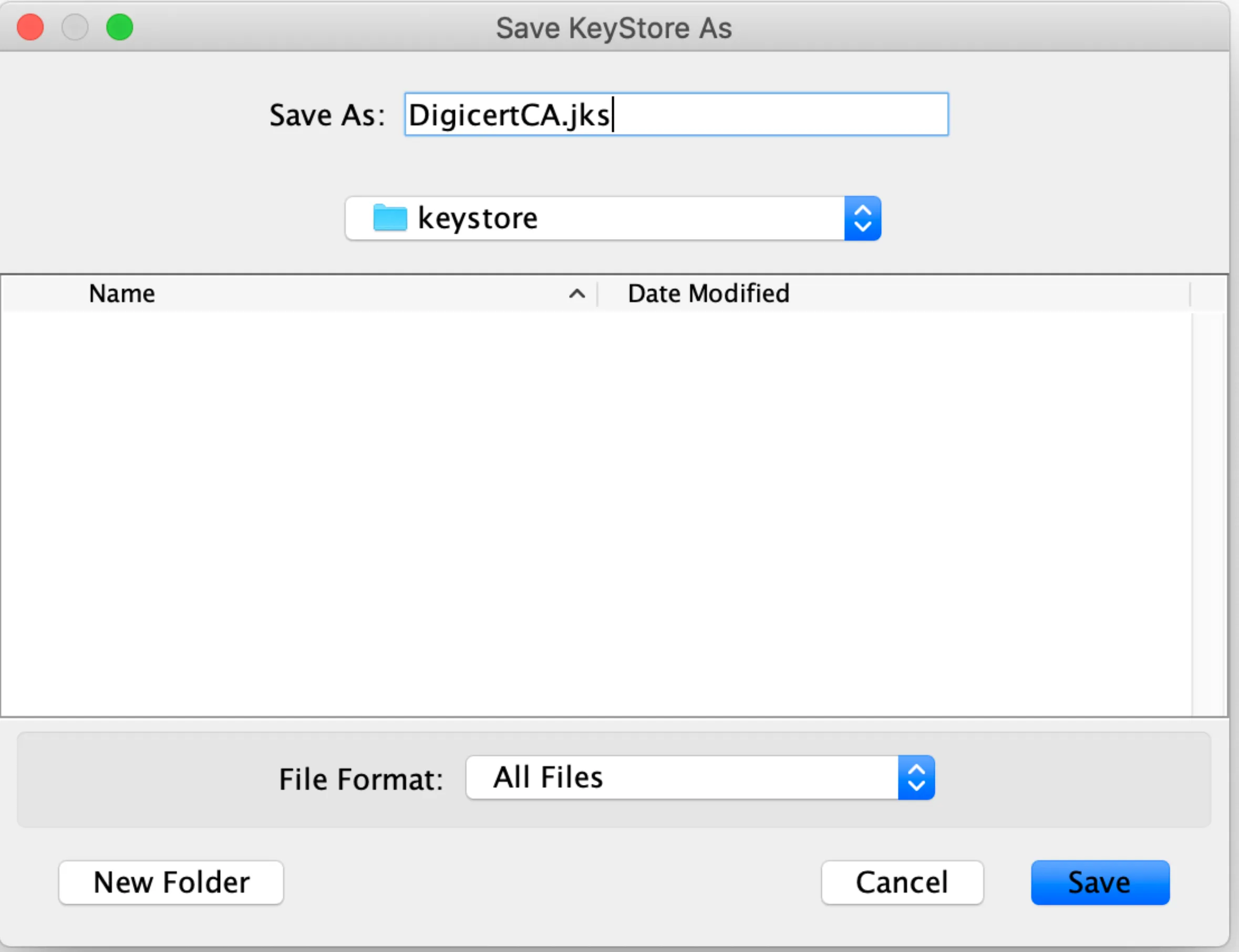 Save KeyStore As dialog saving DigicertCA.jks into a keystore folder