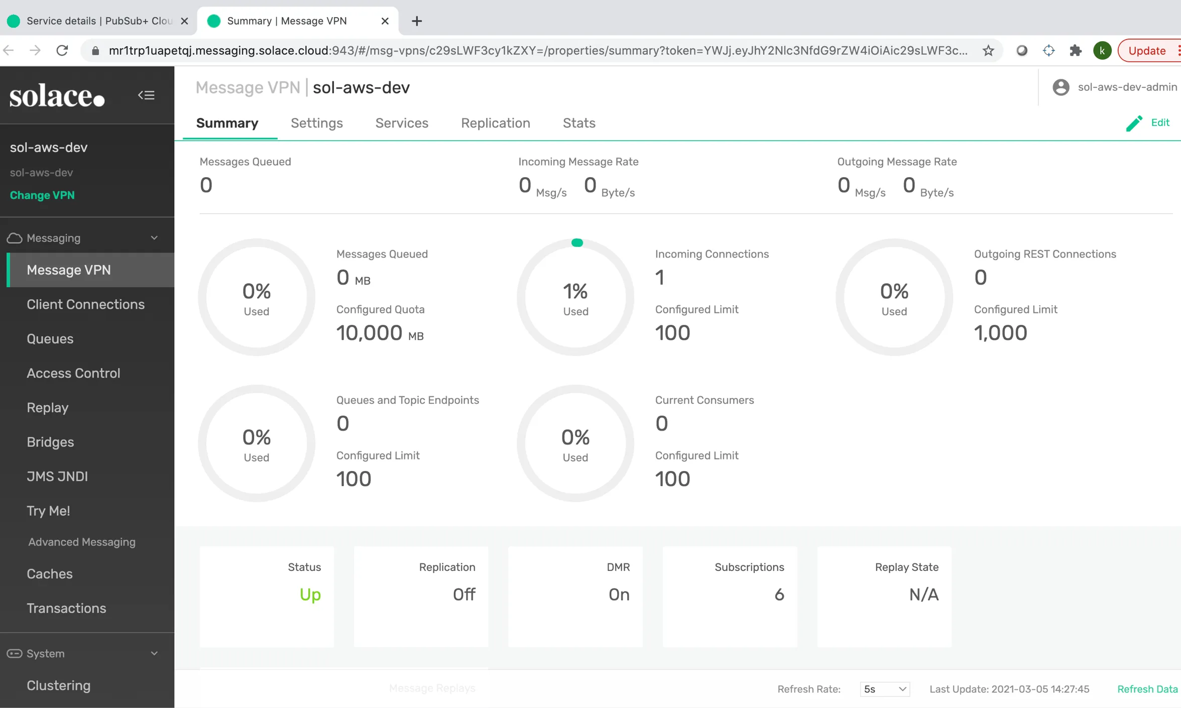 PubSub+ Broker Manager Message VPN summary dashboard with usage gauges