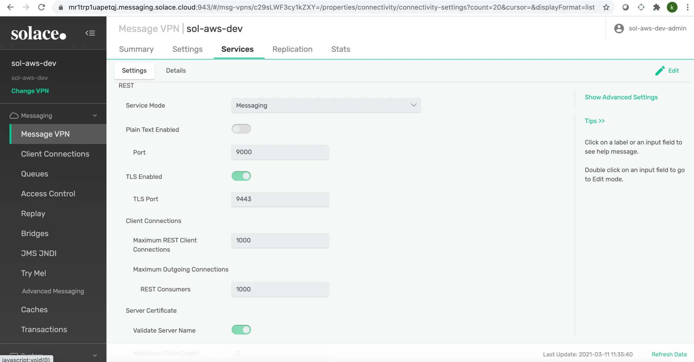 Message VPN Services tab listing REST settings, ports and client connection limits