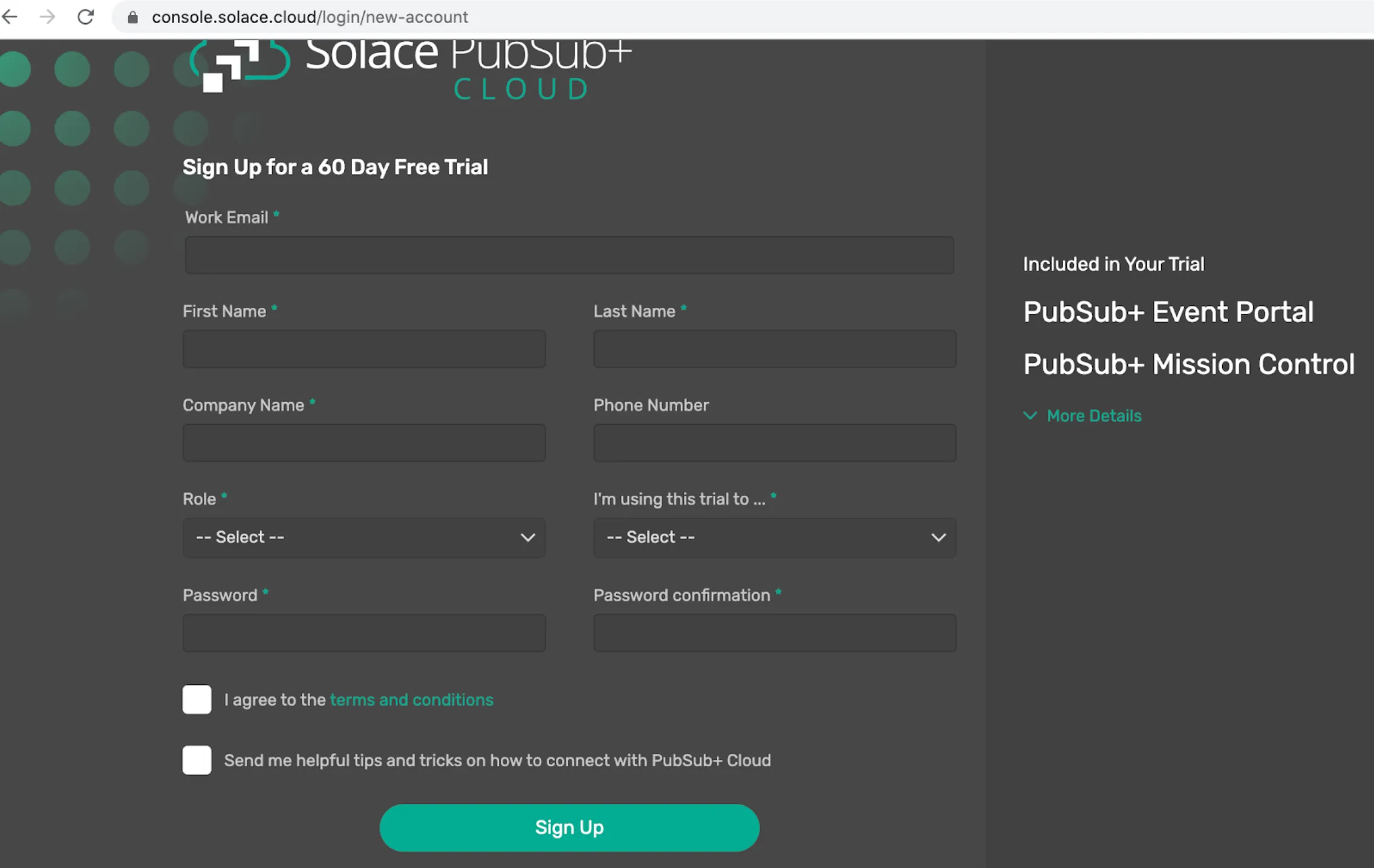Solace 60-day free trial sign-up form with name and password fields