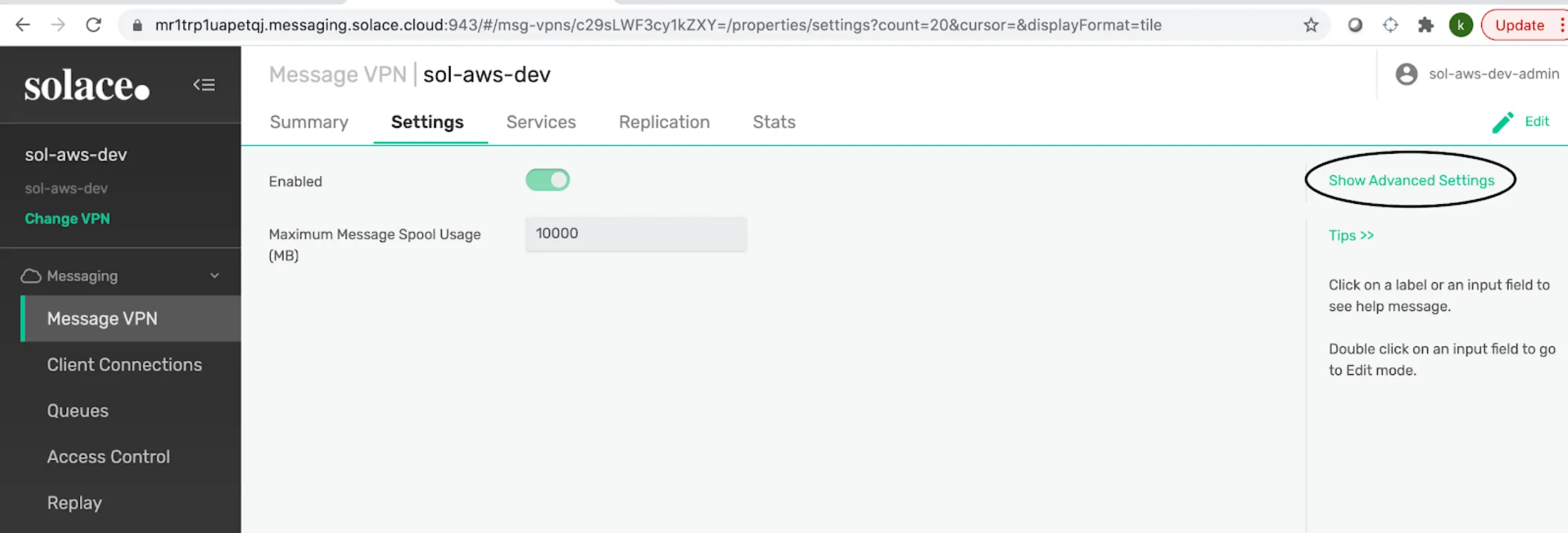 Message VPN Settings tab with the Show Advanced Settings link circled