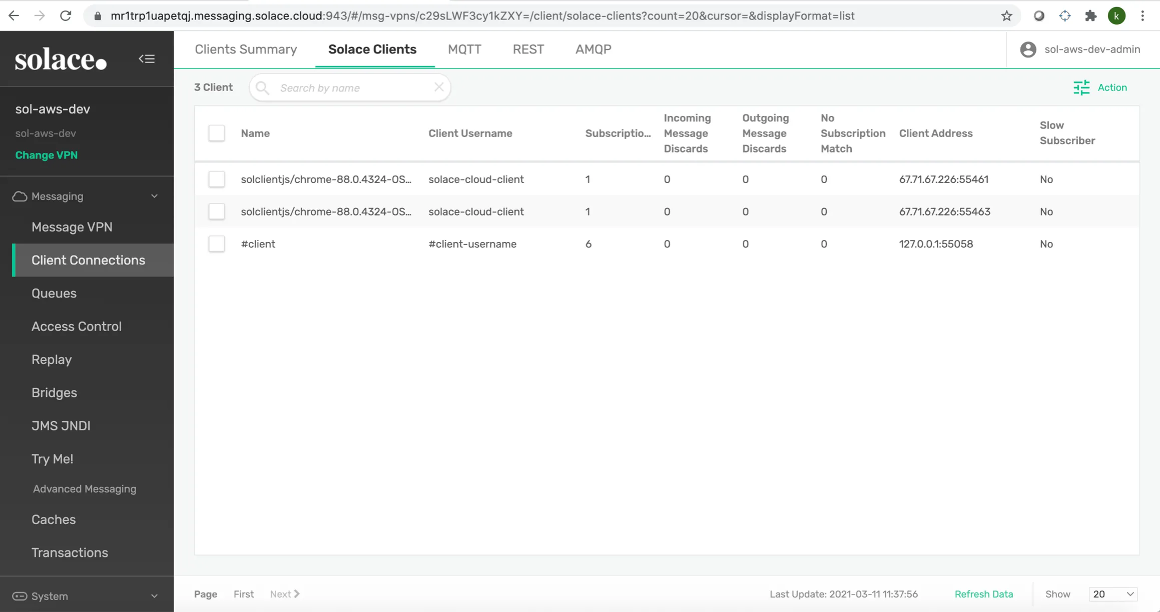 Client Connections list showing connected Solace clients and their addresses