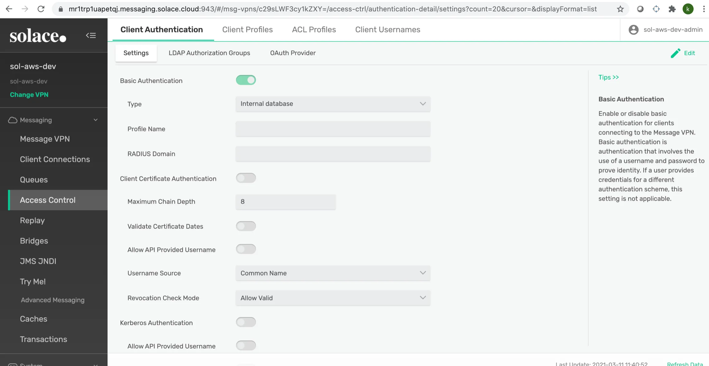 Access Control Client Authentication tab with Basic Authentication enabled