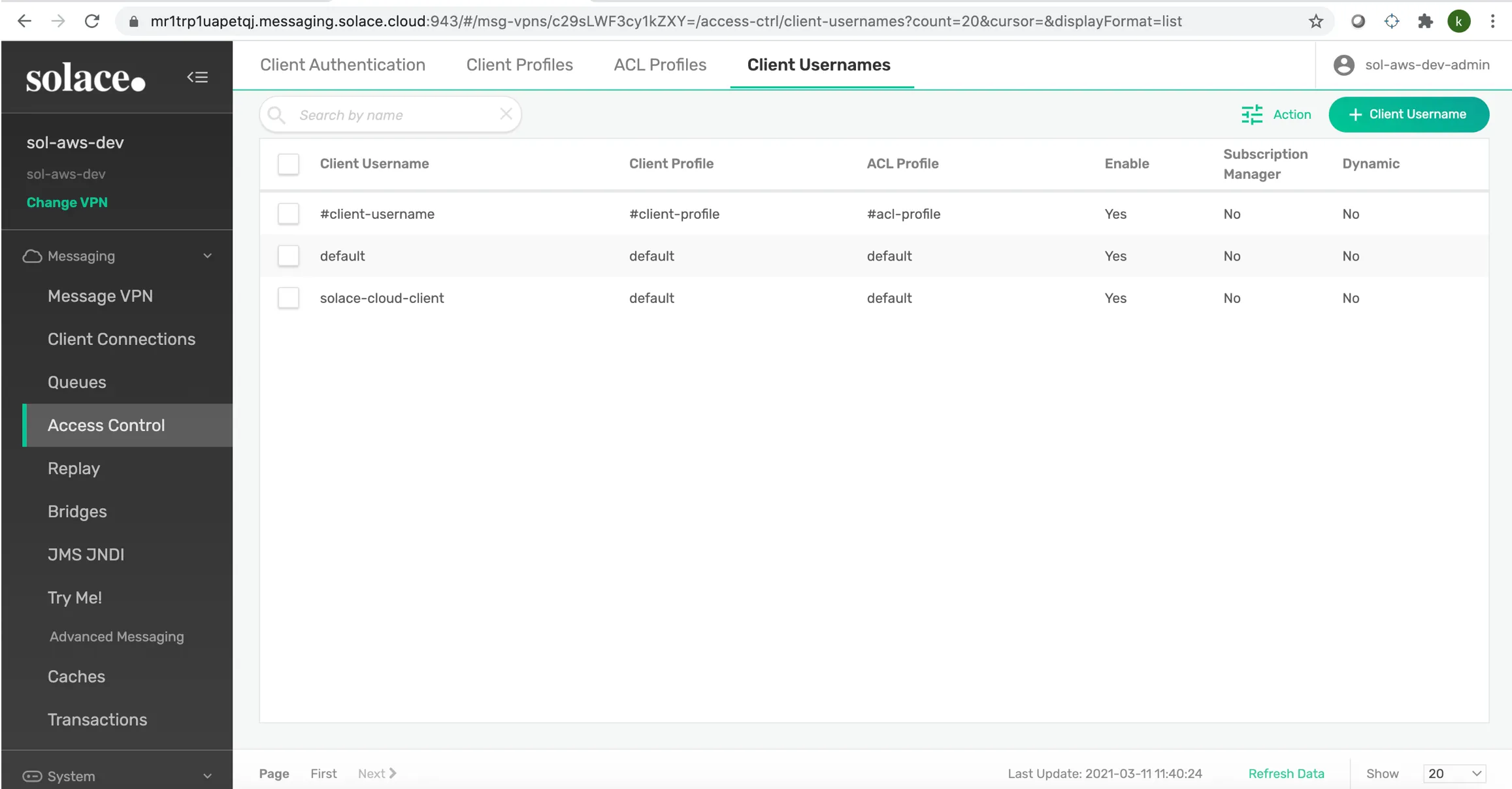 Client Usernames tab listing default and solace-cloud-client usernames