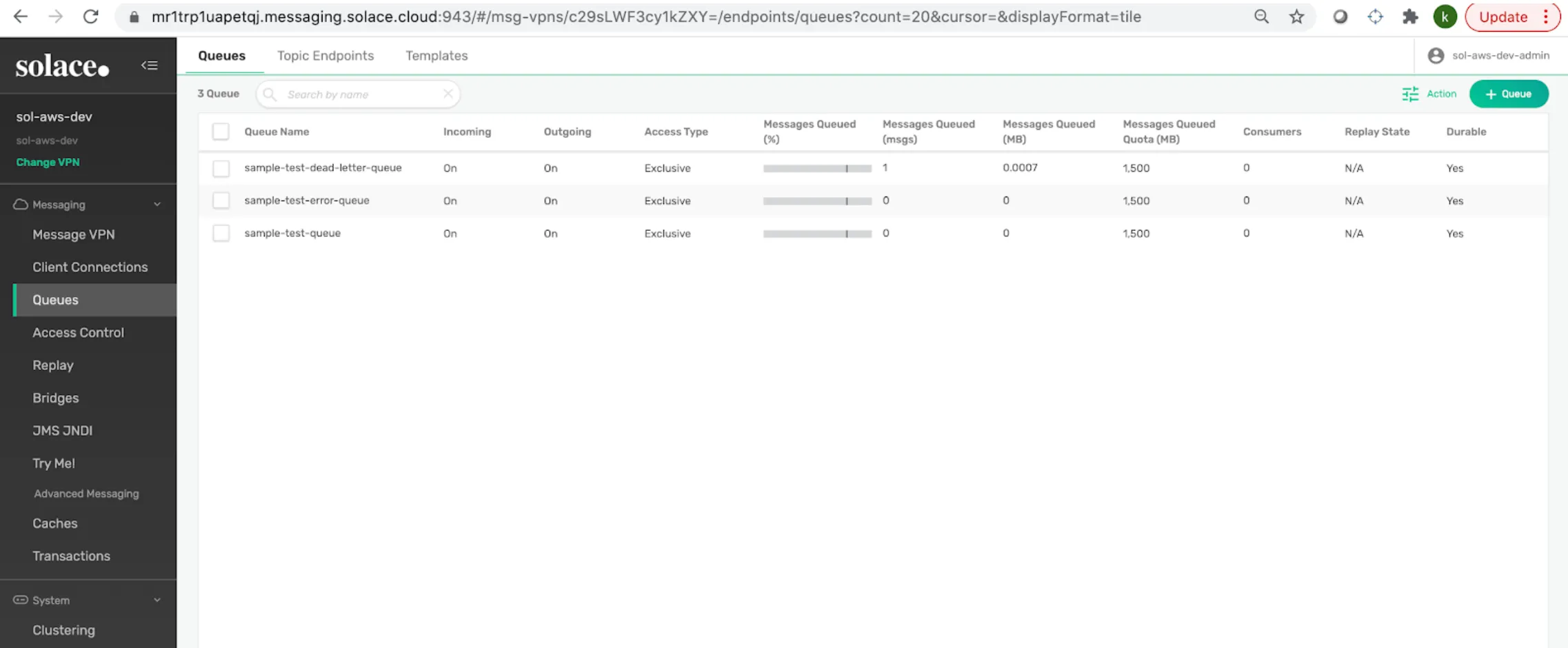 Queues list with sample-test-queue, error-queue and dead-letter-queue, all durable