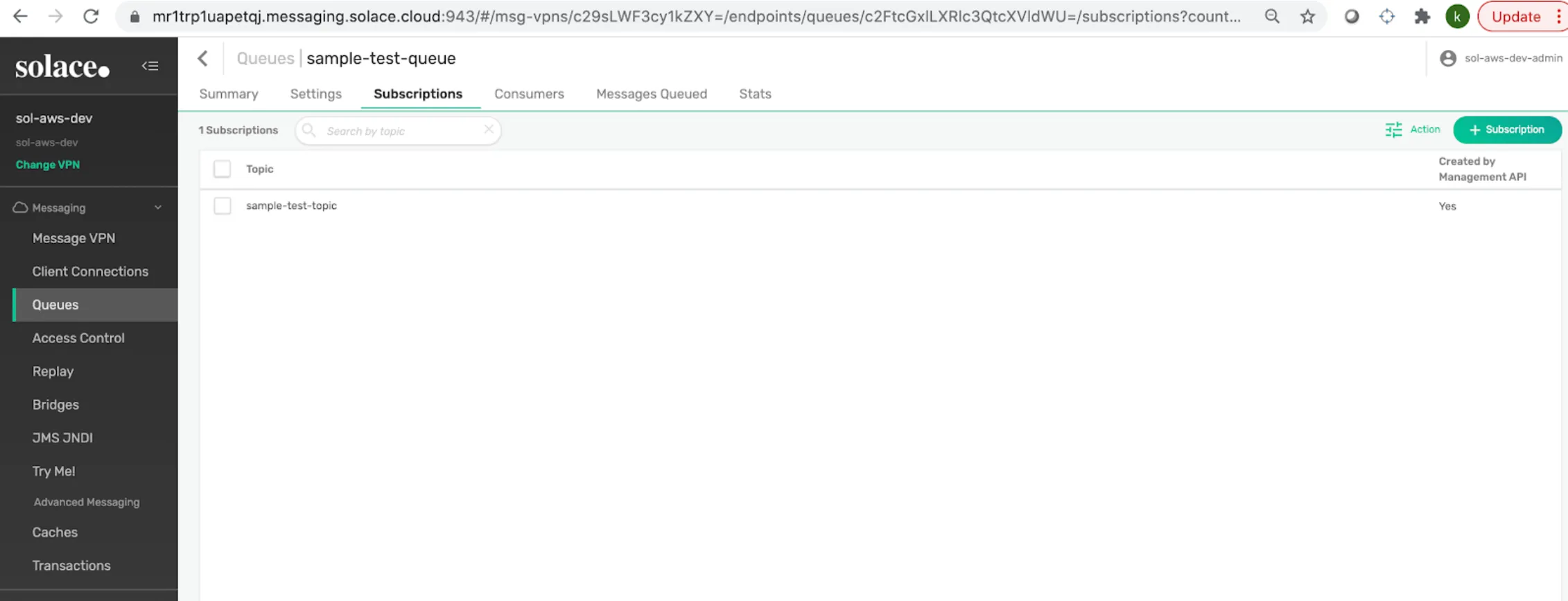 Subscriptions tab for sample-test-queue mapped to sample-test-topic