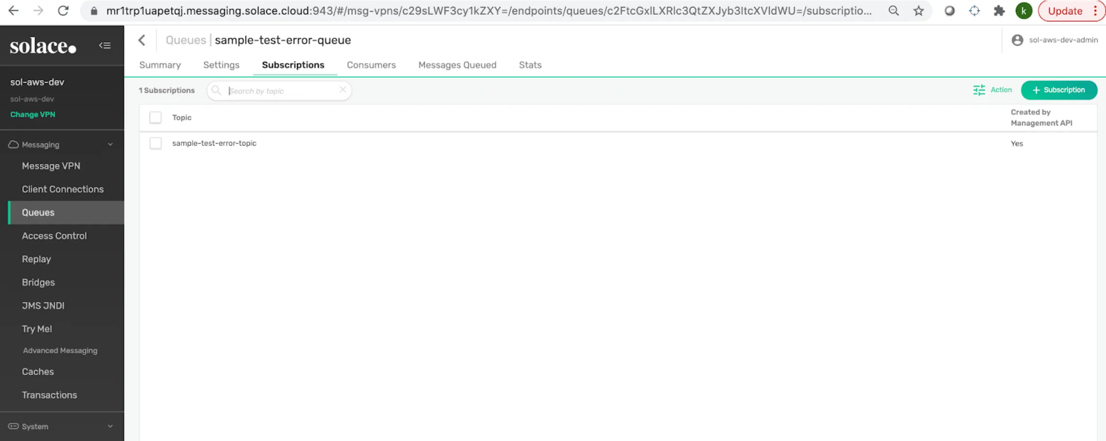 Subscriptions tab for sample-test-error-queue mapped to sample-test-error-topic