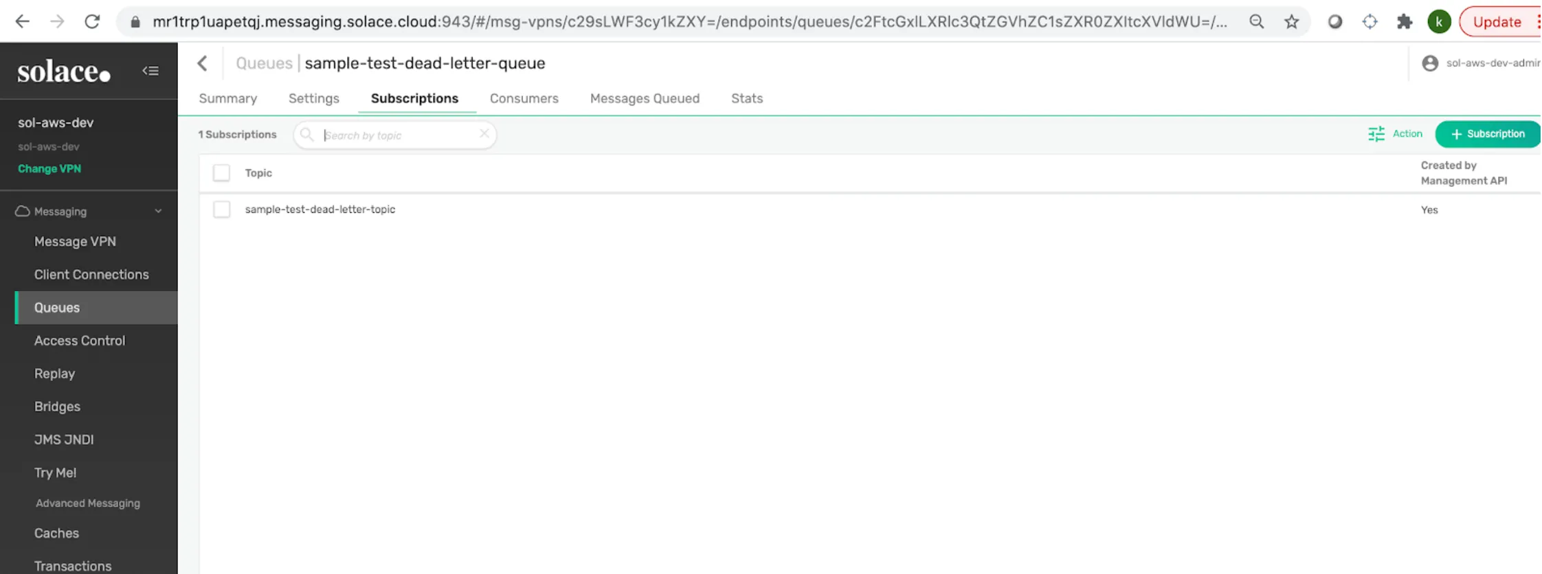 Subscriptions tab for the dead-letter-queue mapped to sample-test-dead-letter-topic