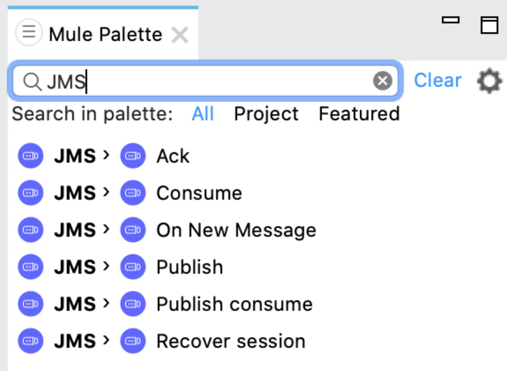 Studio Mule Palette searching JMS, showing Ack, Consume, Publish operations