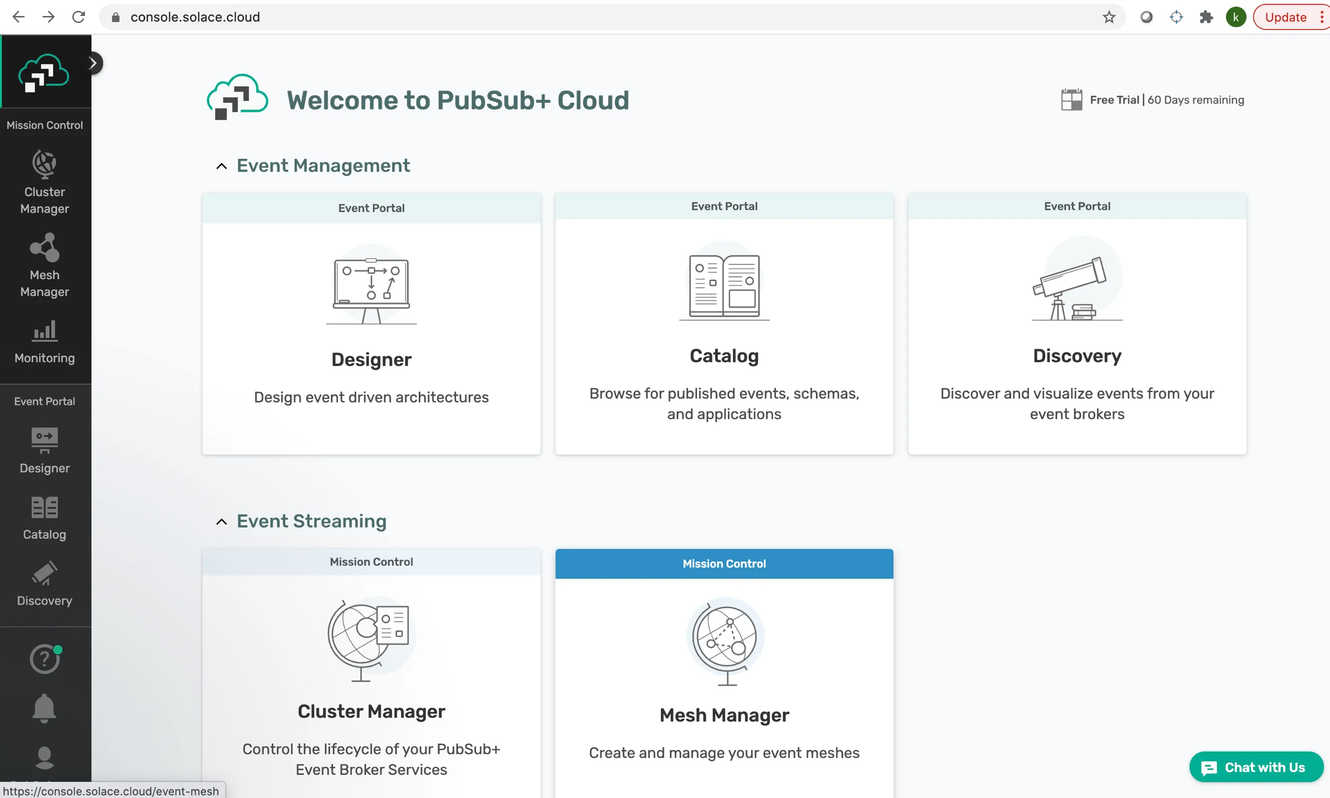 PubSub+ Cloud welcome console showing Event Management and Event Streaming tiles