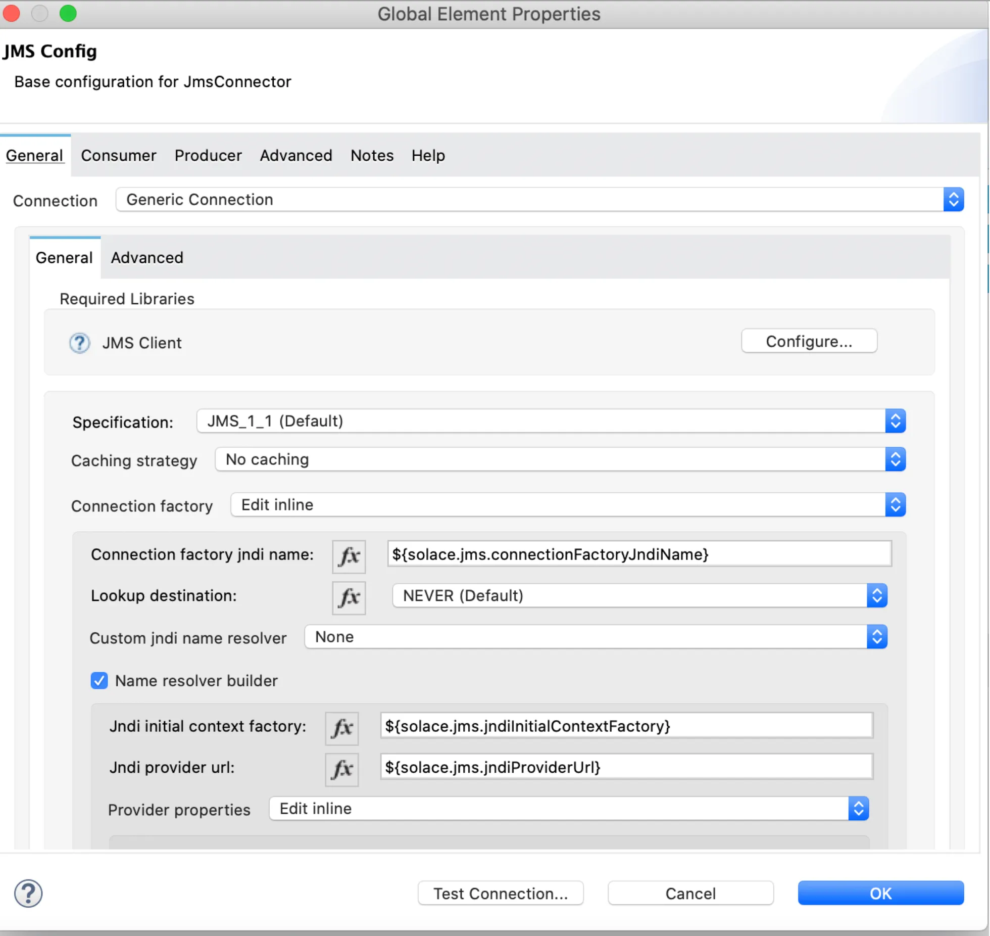 JMS Config global element with connection factory and JNDI name resolver settings