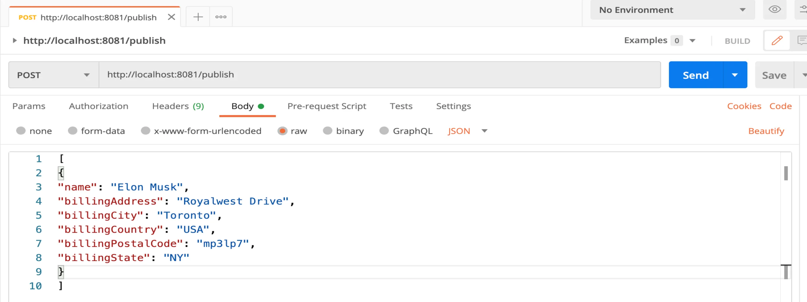 Postman POST to localhost:8081/publish with a JSON account body