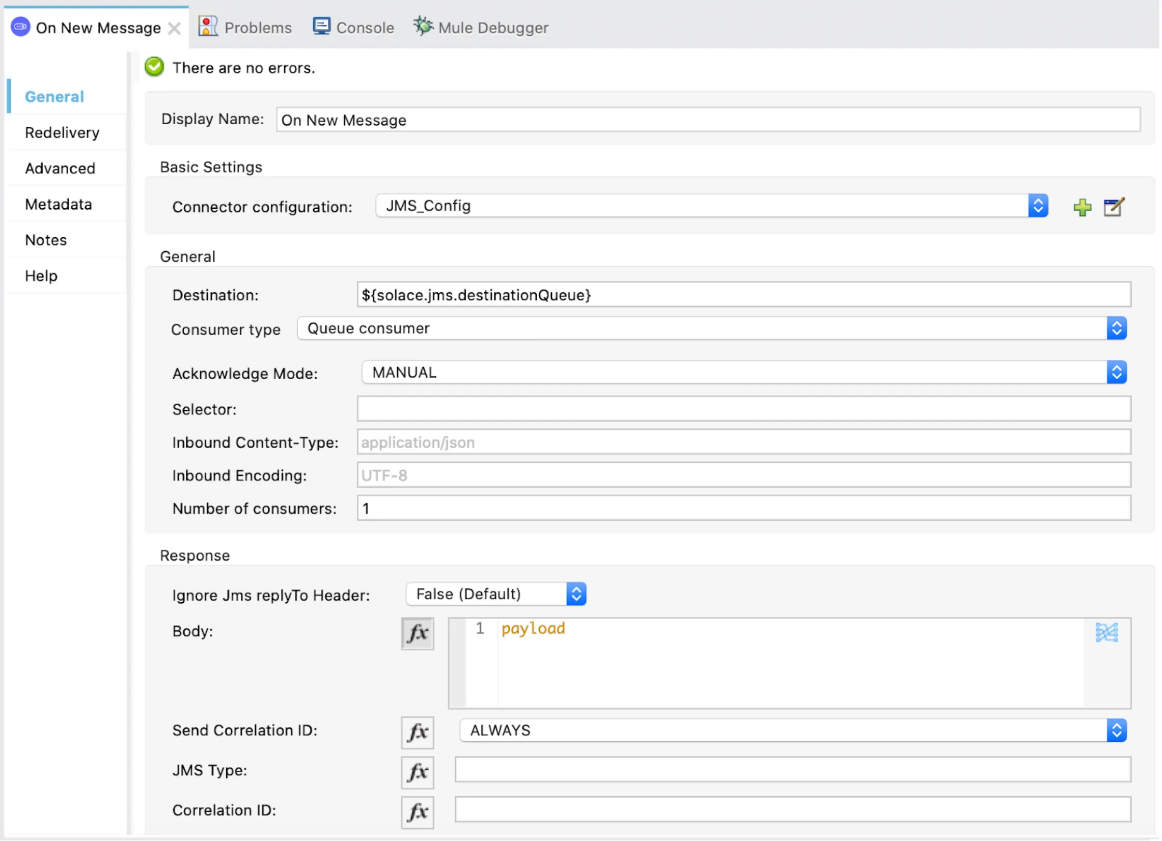 On New Message JMS settings with Queue consumer and MANUAL acknowledge mode