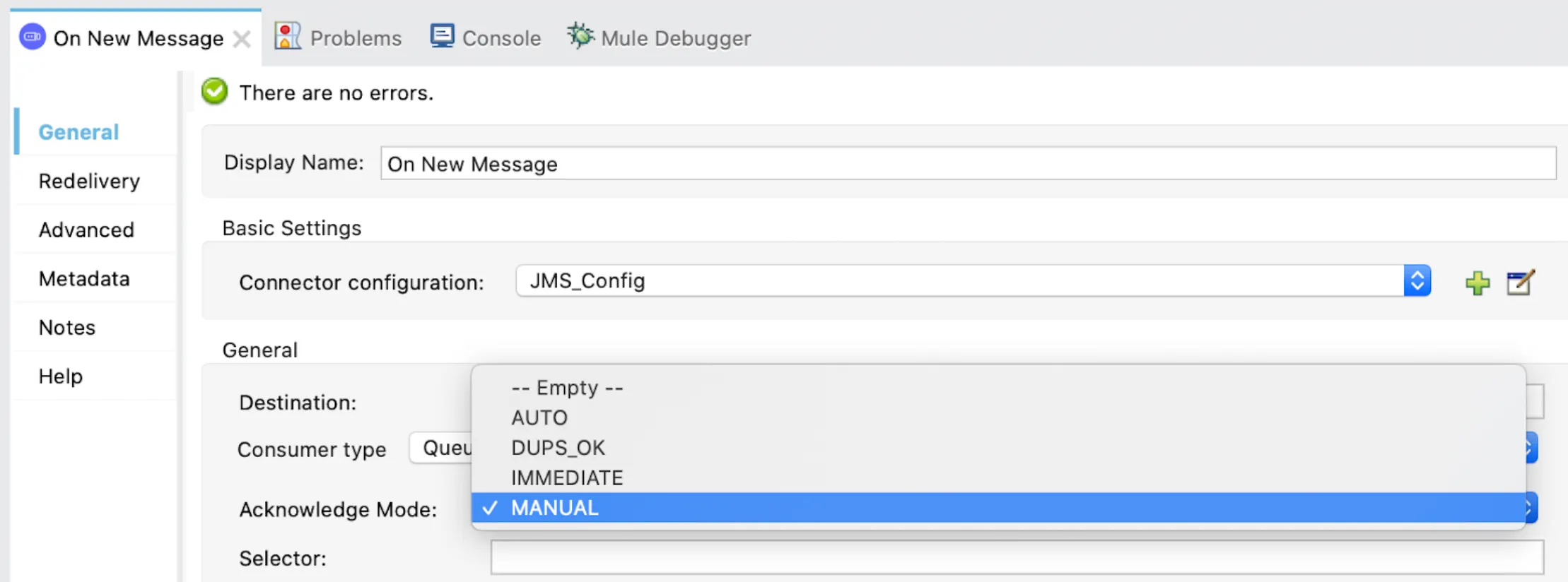 Acknowledge Mode dropdown listing AUTO, DUPS_OK, IMMEDIATE and MANUAL options