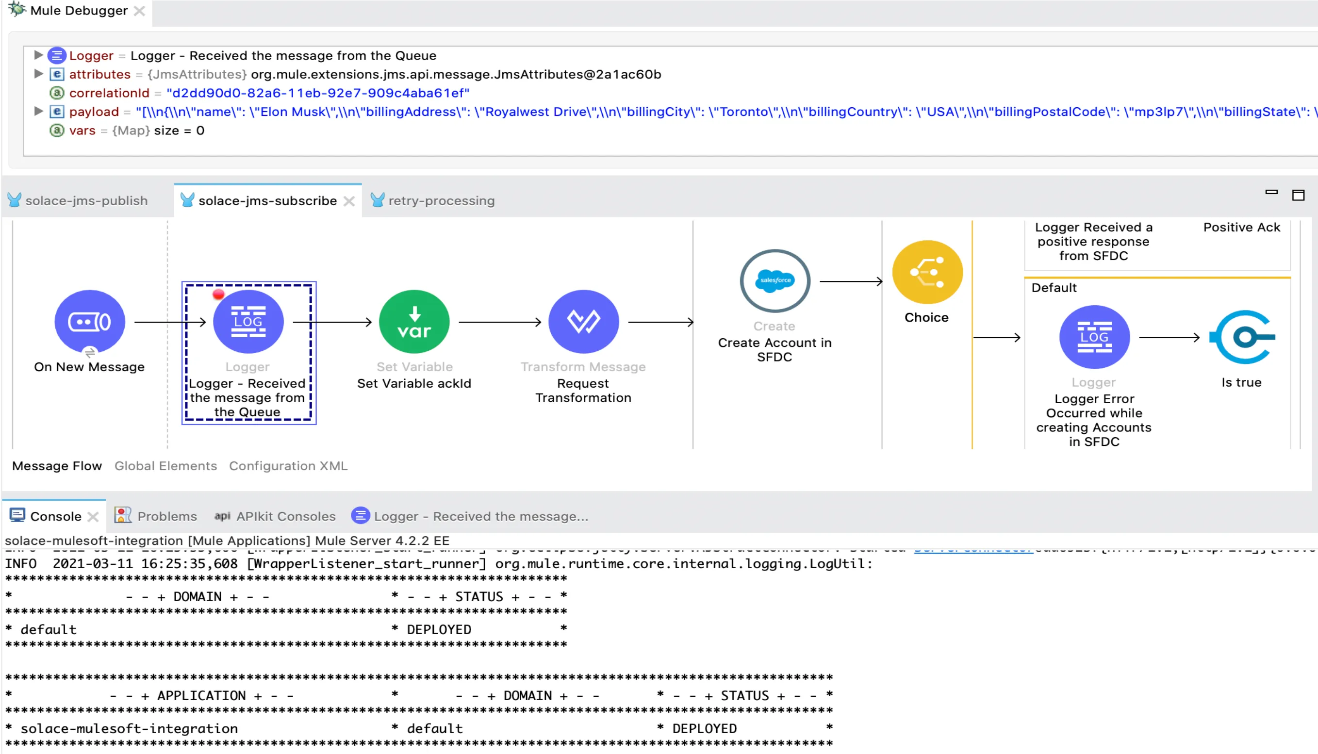 Mule Debugger showing the consumed message payload and the deployed app console