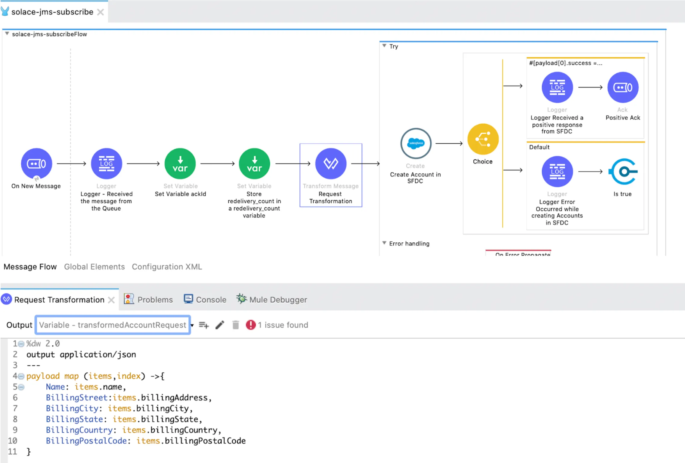 Transform Message DataWeave mapping queue fields to Salesforce account fields