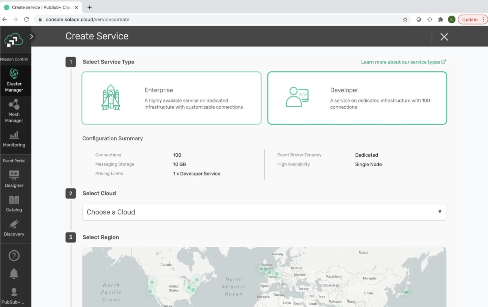 Create Service screen with Enterprise and Developer service type options