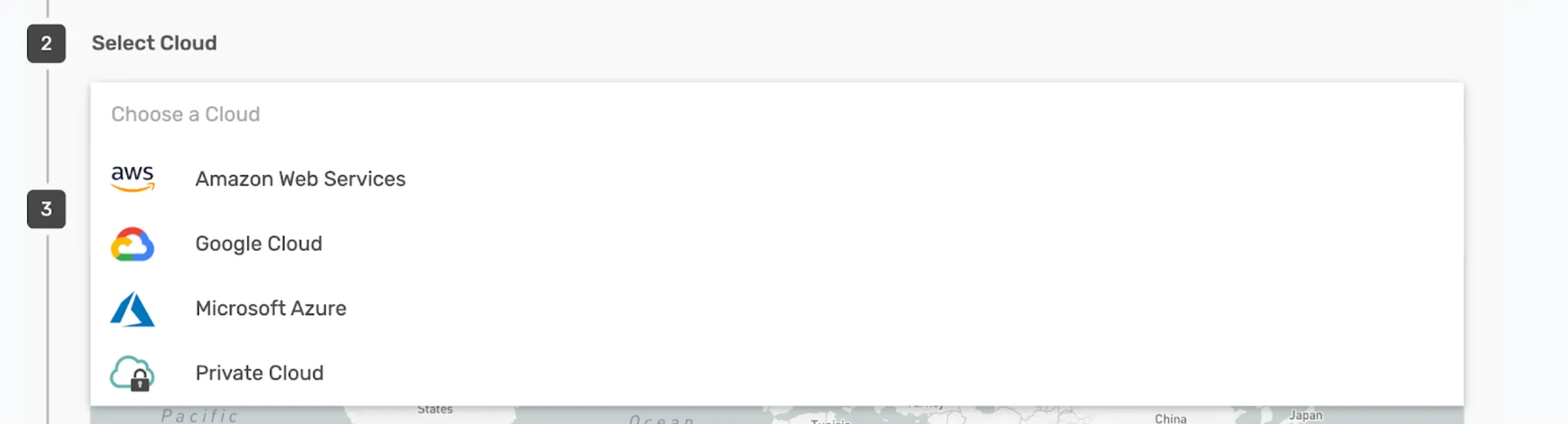 Cloud picker dropdown listing AWS, Google Cloud, Microsoft Azure and Private Cloud
