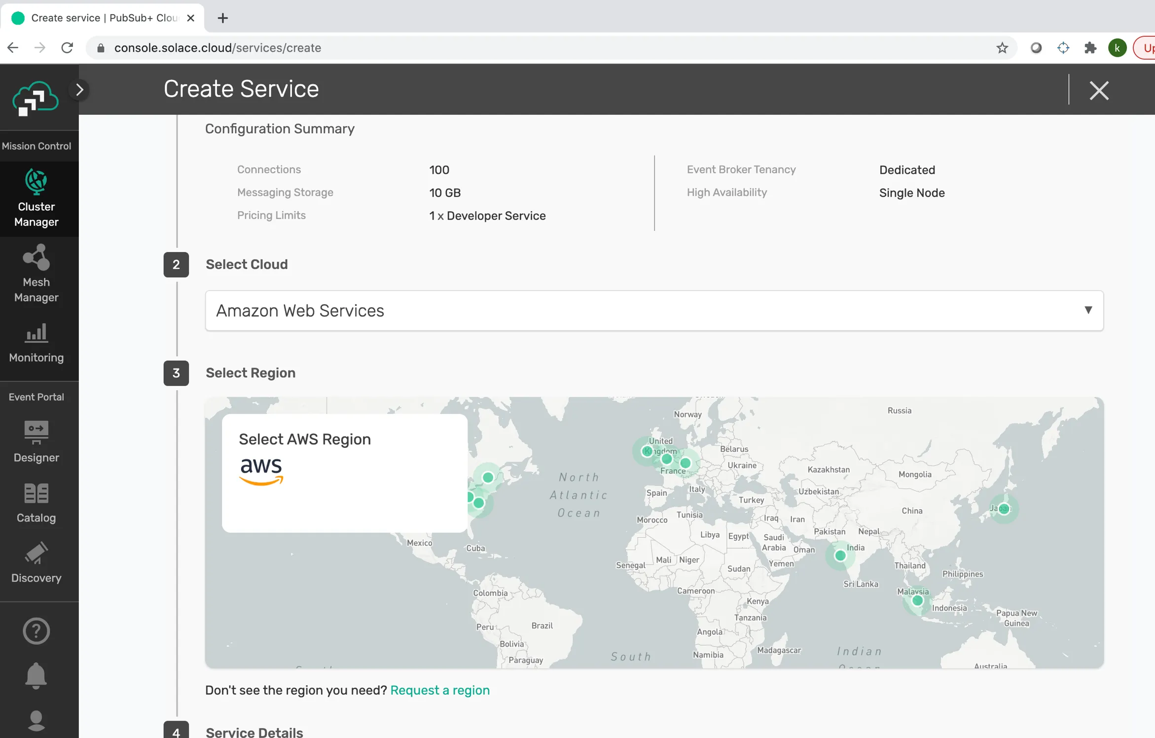 Create Service form with Amazon Web Services chosen and a region map