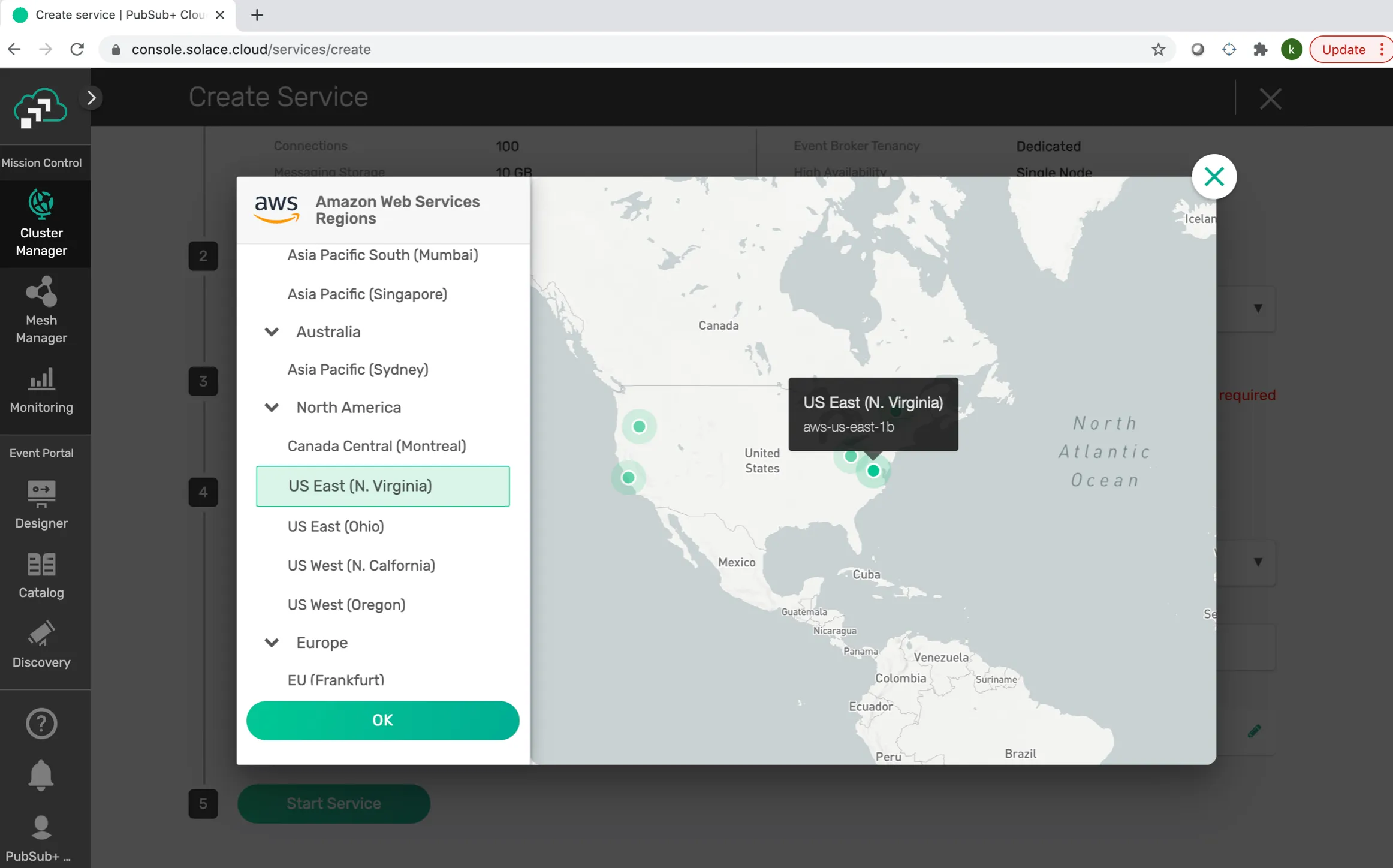 AWS region selector with US East N. Virginia highlighted on the world map