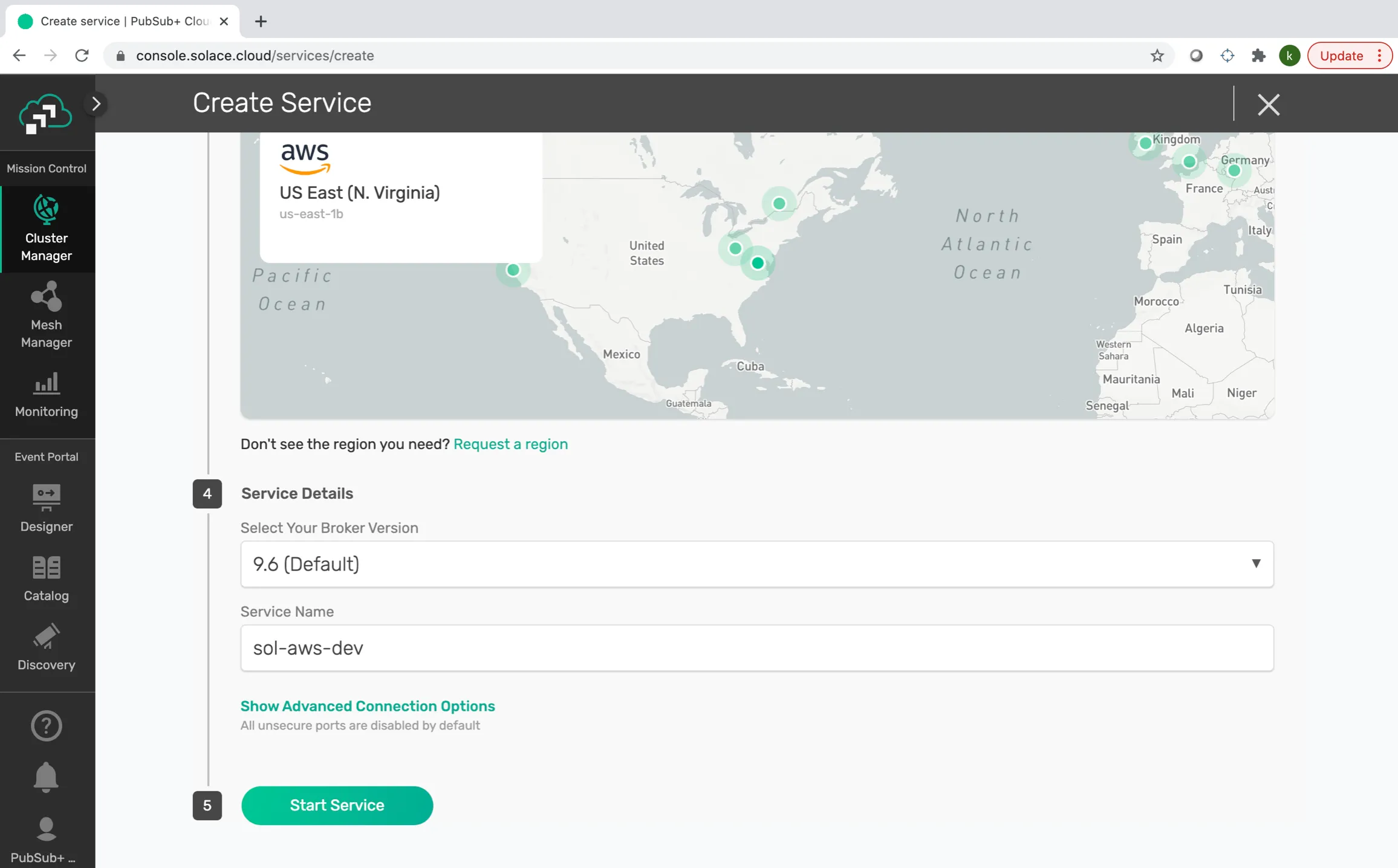 Service Details step with broker version and service name sol-aws-dev entered