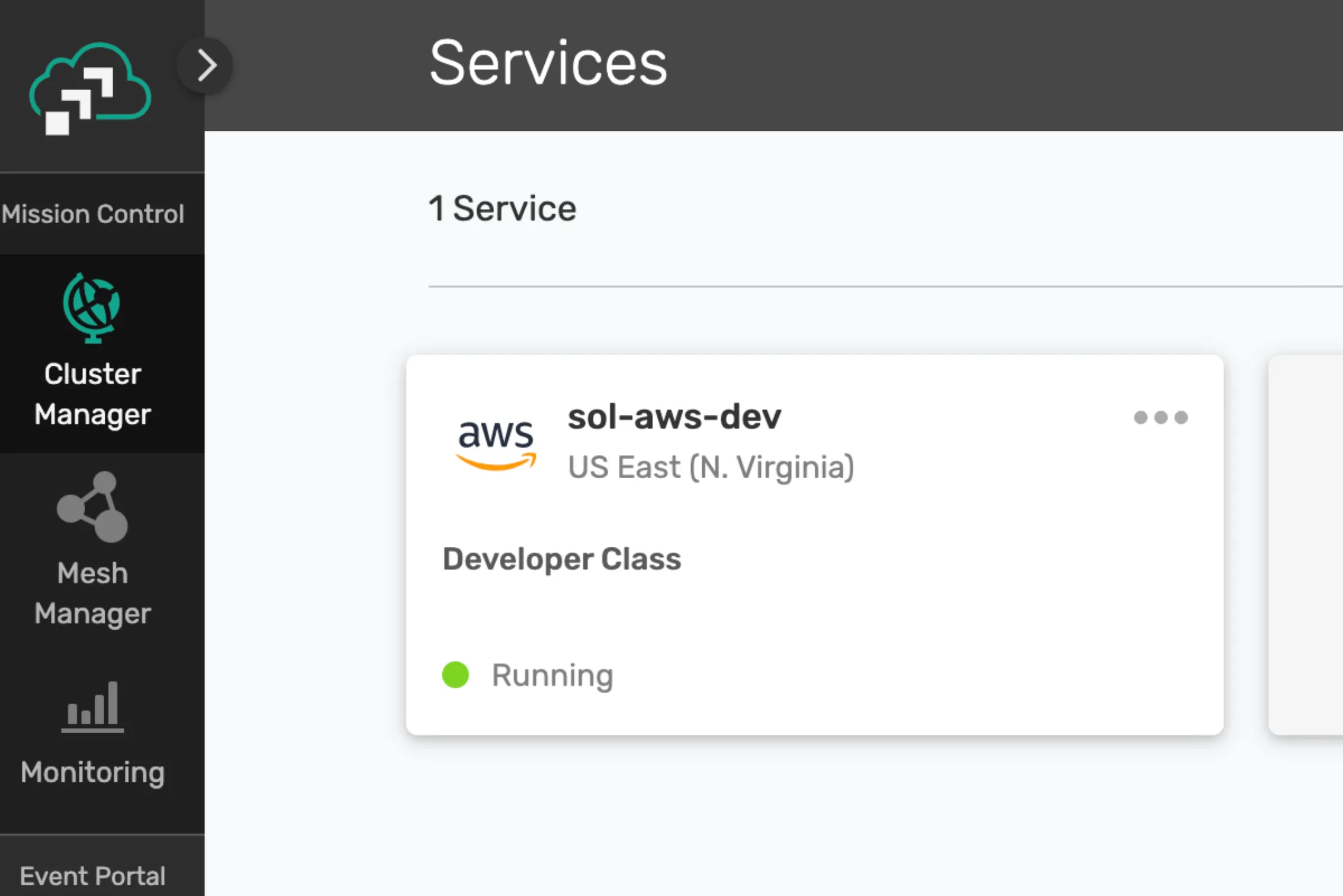 Cluster Manager Services list showing the sol-aws-dev developer service Running