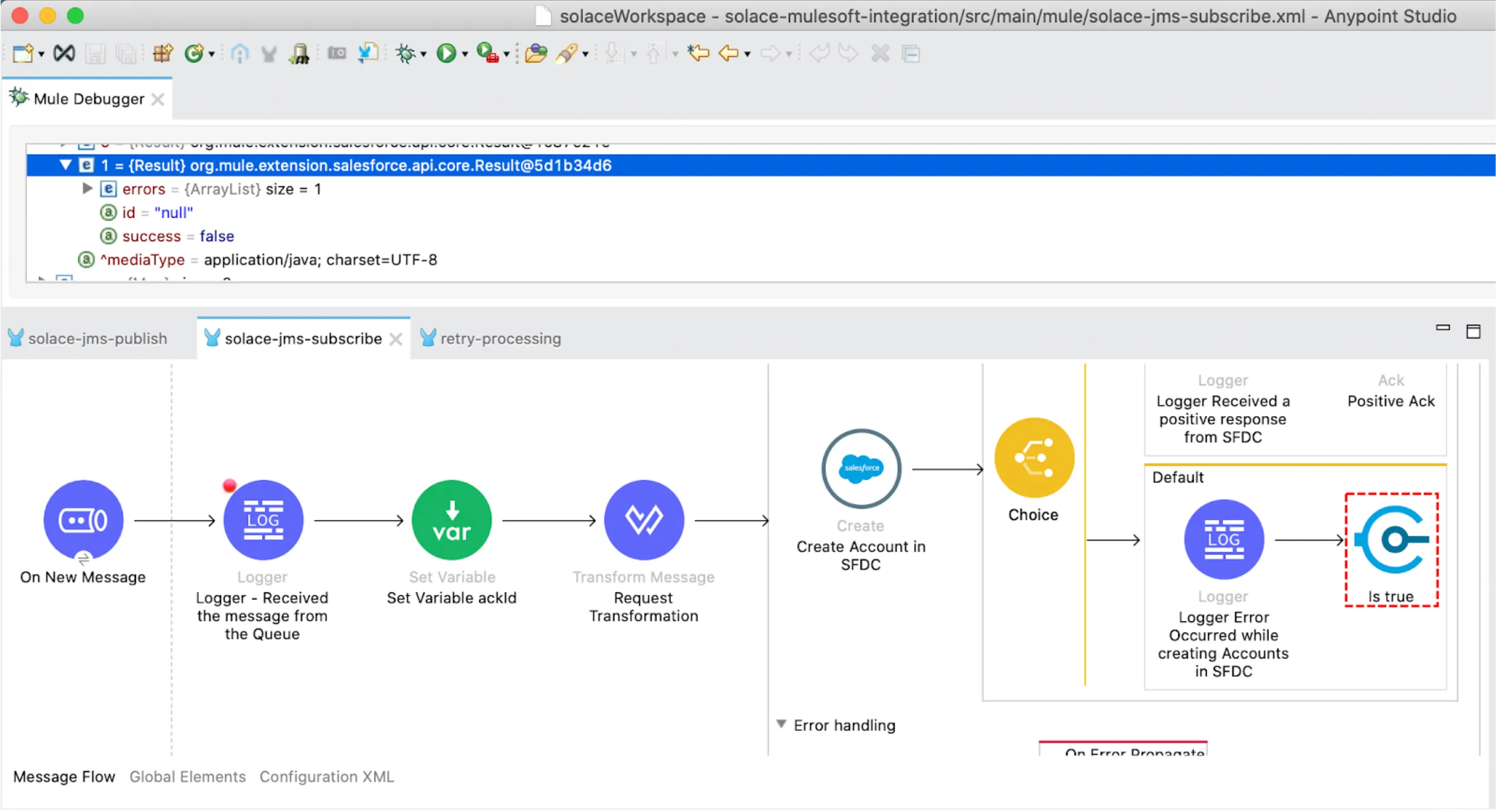Subscribe flow receiving a JMS message, transforming it, and creating a Salesforce Account with a Choice router