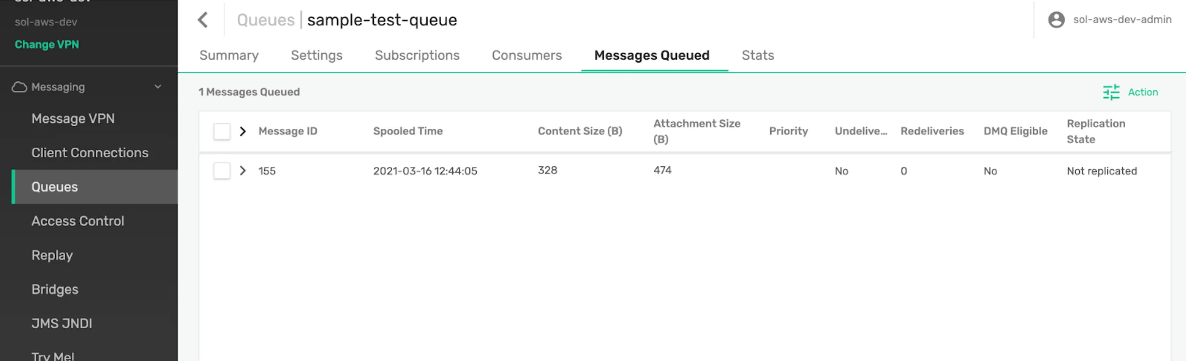 Solace sample-test-queue showing the message republished to the source queue