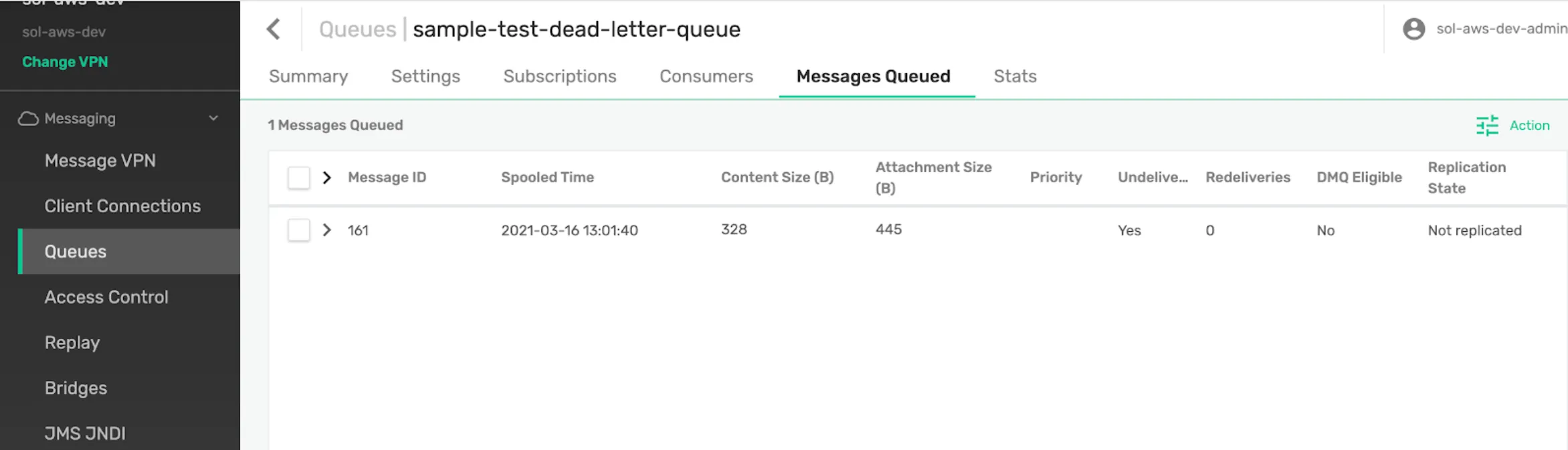 Solace sample-test-dead-letter-queue showing the message after the max retries were exceeded