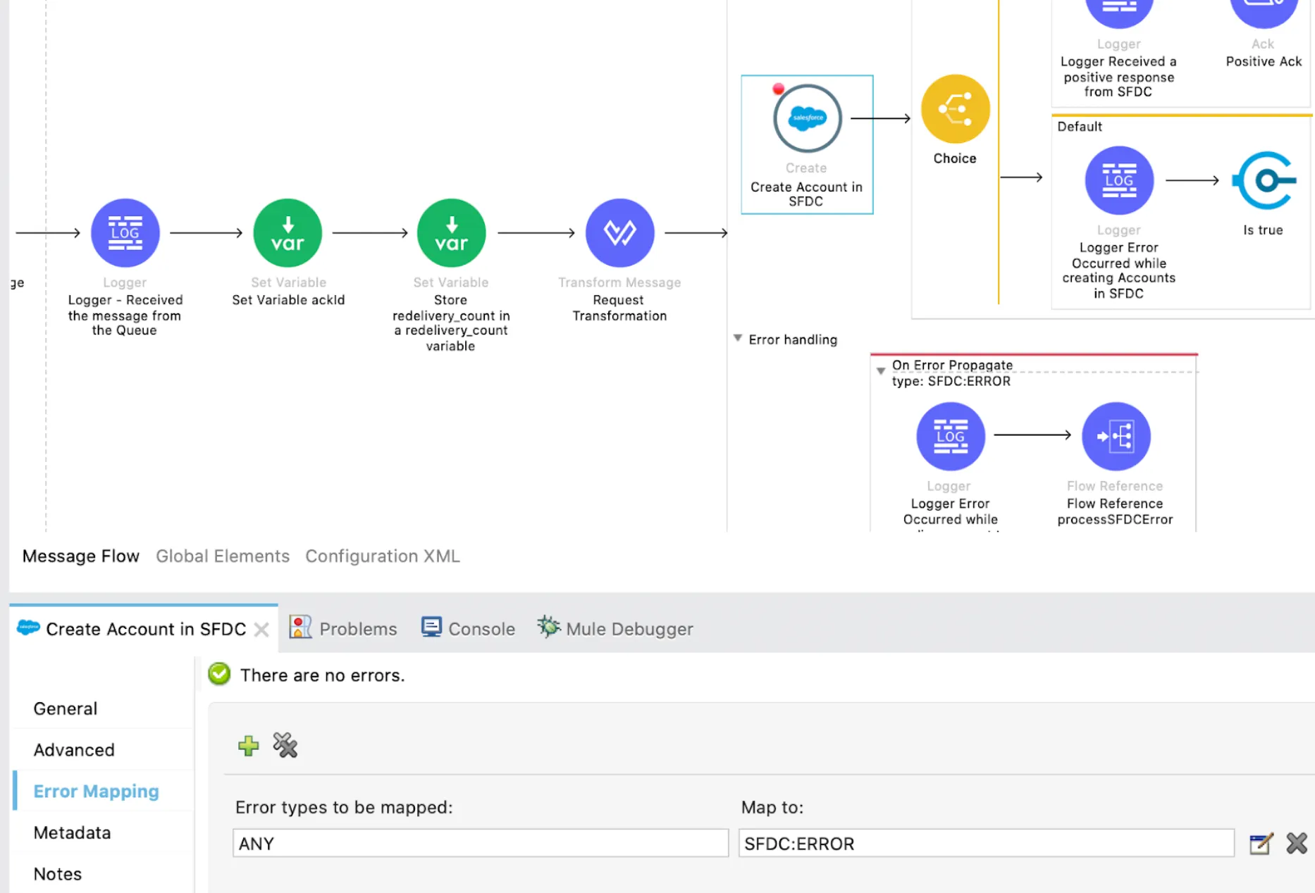 Salesforce Create connector Error Mapping mapping ANY error type to SFDC:ERROR