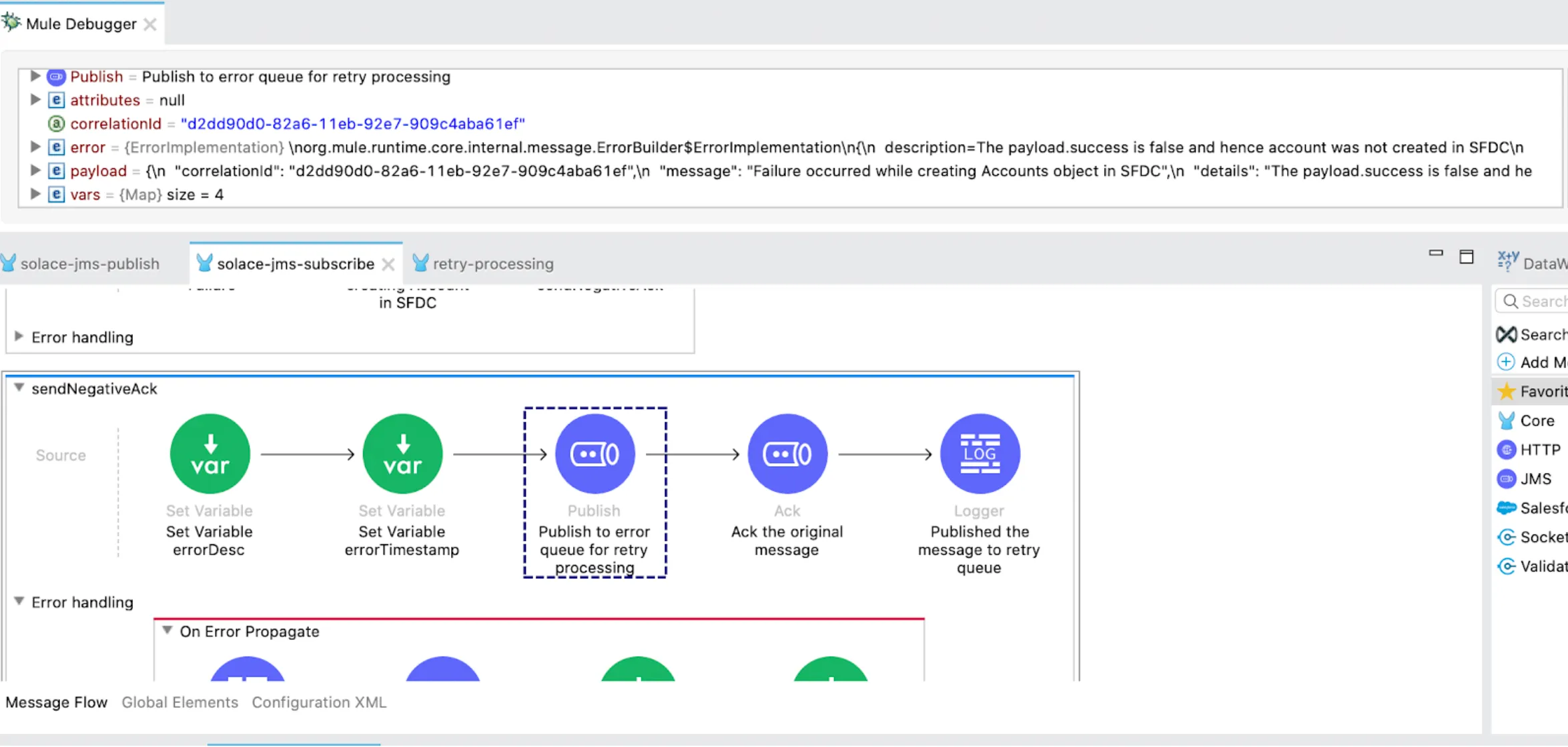 sendNegativeAck flow setting error variables then publishing the message to the error queue