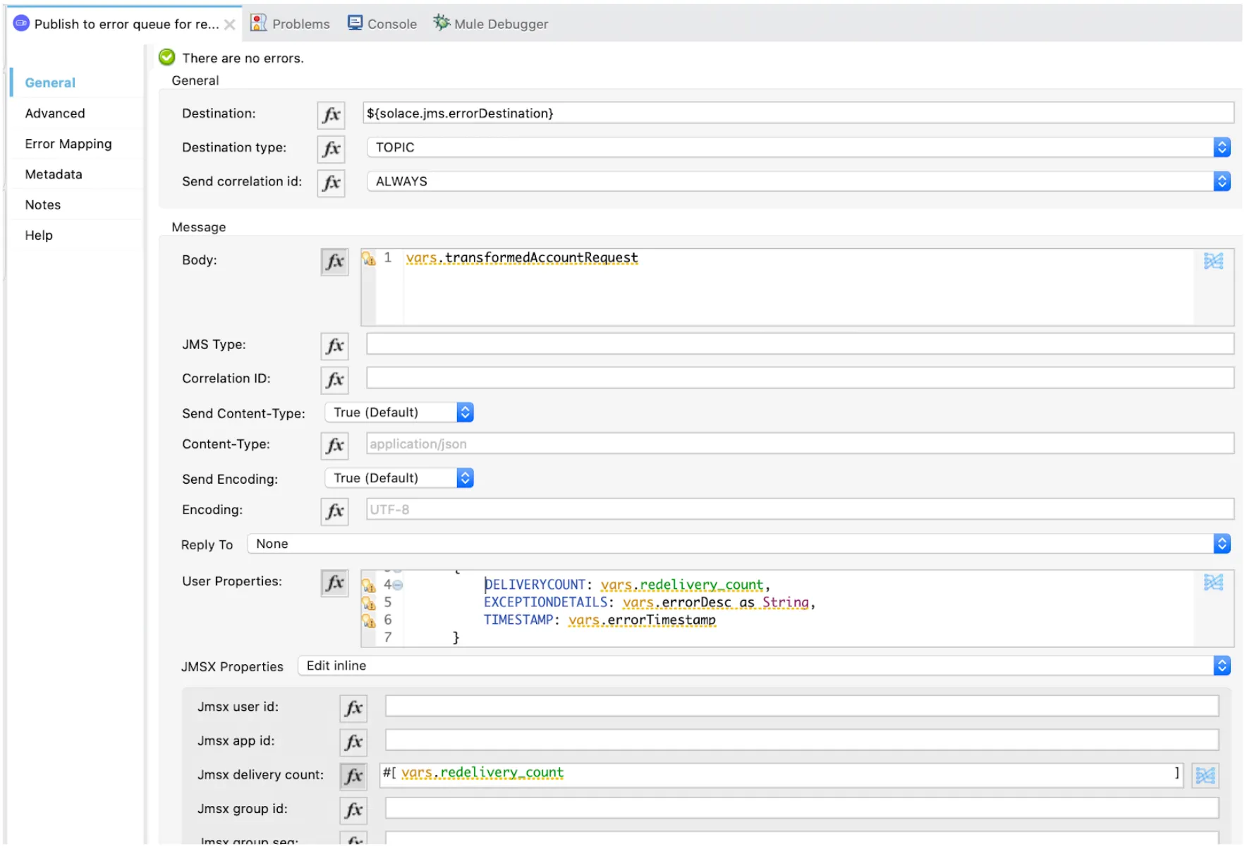 JMS Publish config to the error topic with DELIVERYCOUNT, EXCEPTIONDETAILS, and TIMESTAMP user properties