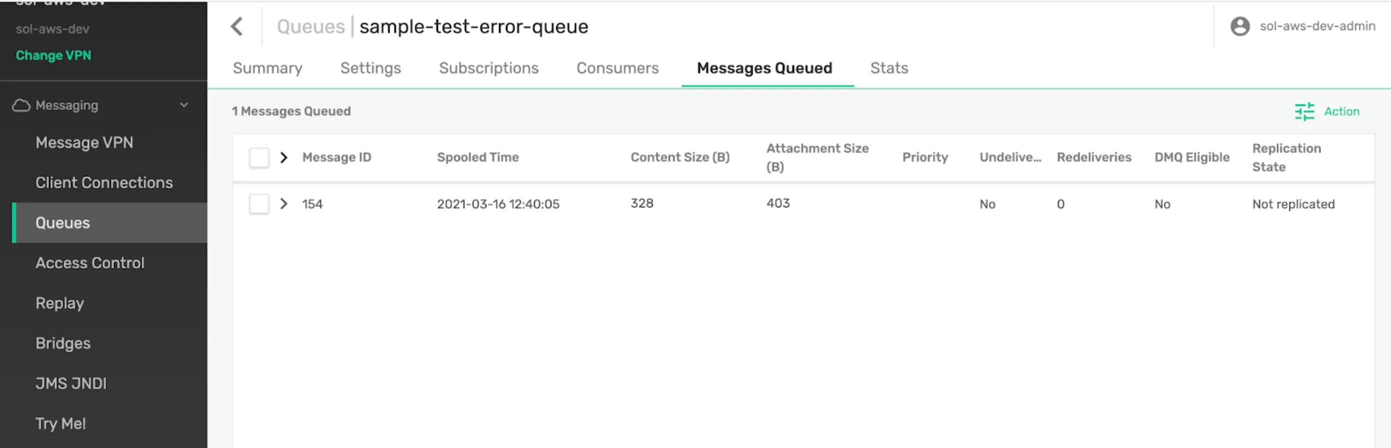 Solace sample-test-error-queue showing one queued message after the first failure