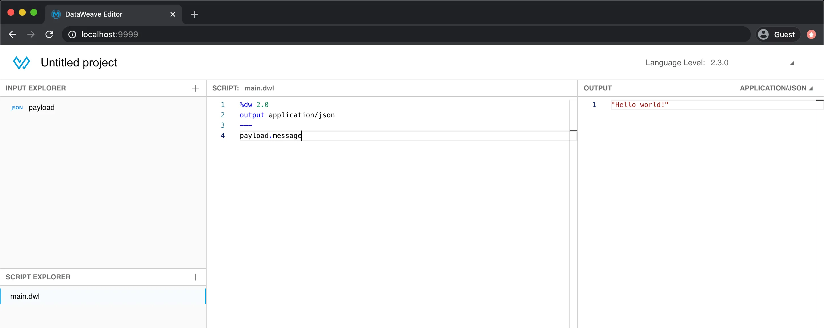 DataWeave Playground 2.0 open in Chrome at localhost:9999, outputting "Hello world!"