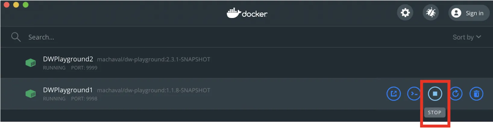 Docker Desktop with the Stop button highlighted on the running DWPlayground1 container
