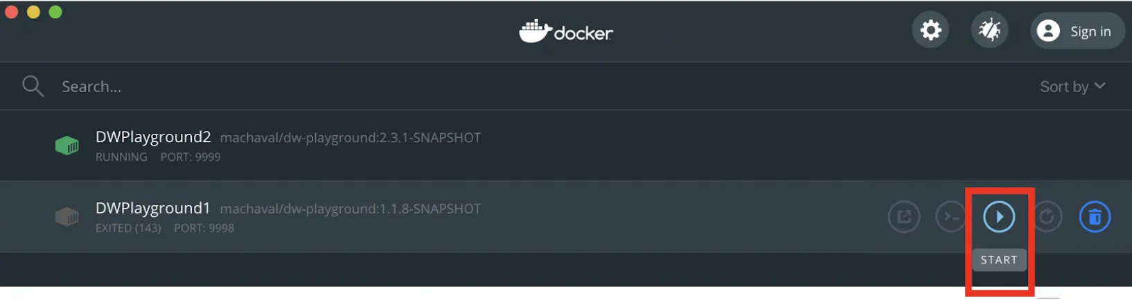 Docker Desktop with the Start button highlighted on the exited DWPlayground1 container