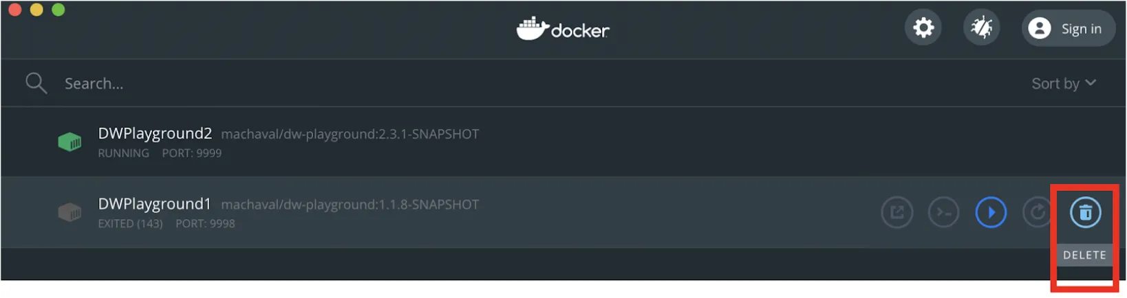 Docker Desktop with the Delete button highlighted on the exited DWPlayground1 container