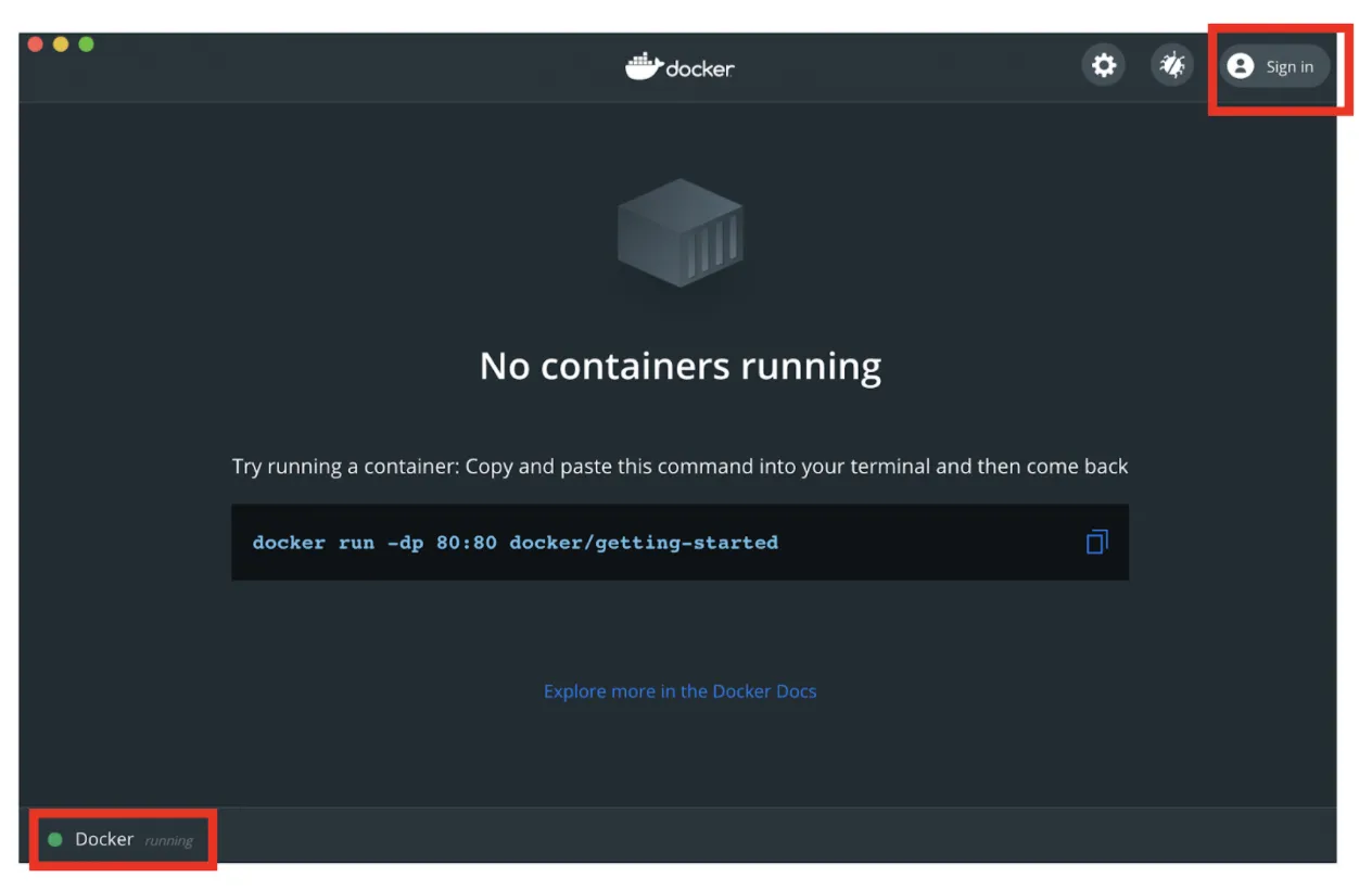 Docker Desktop main screen showing "No containers running" with a Sign in button