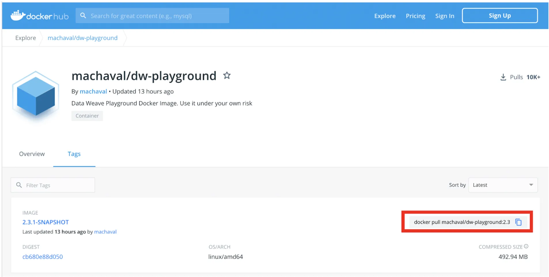 DockerHub machaval/dw-playground Tags page with the docker pull command for tag 2.3.1 highlighted