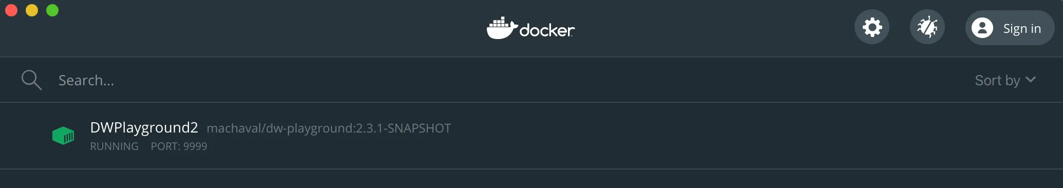 Docker Desktop showing the DWPlayground2 container running on port 9999