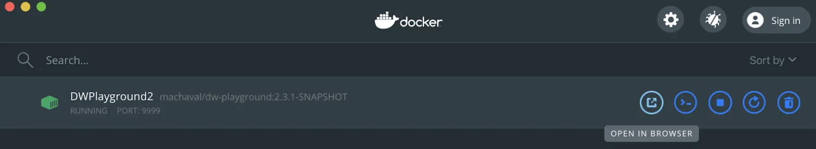 Docker Desktop container row with the "Open in browser" action button highlighted
